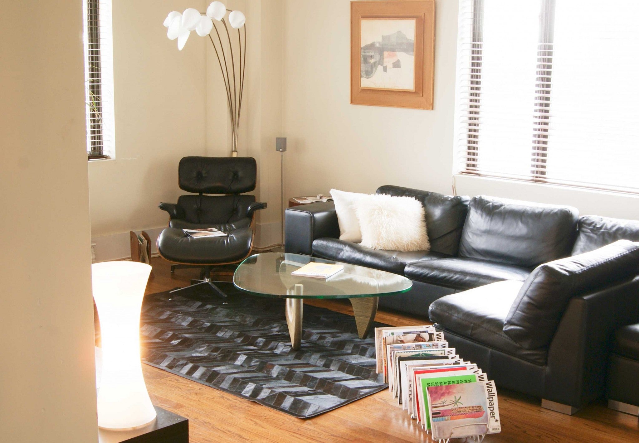 60" x 96" Black Parquet, Natural Stitched Cowhide - Area Rug