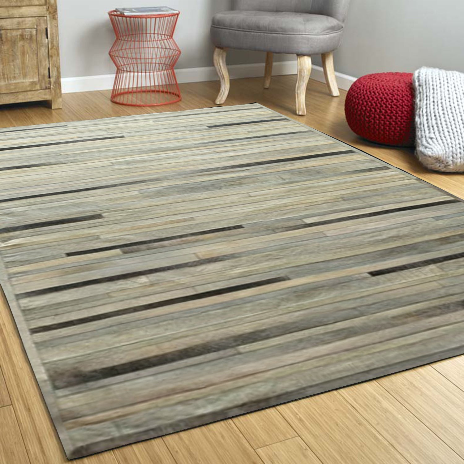 60" x 96" Gray Linear, Cowhide Stitched - Area Rug
