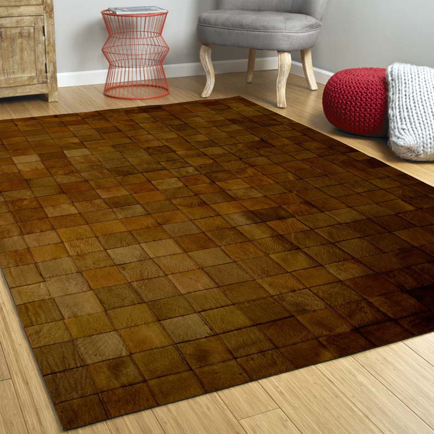 60" x 96" Brown Linear, Cowhide Stitched - Area Rug