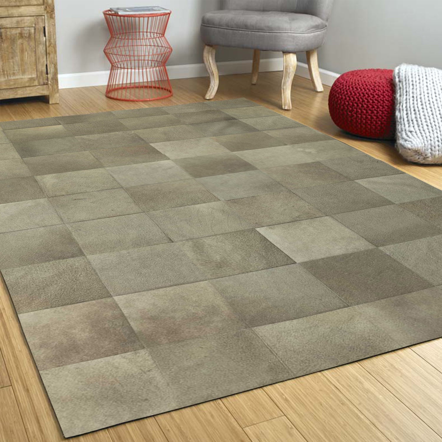 96" x 120" Gray, 10" Square Patches, Cowhide - Area Rug