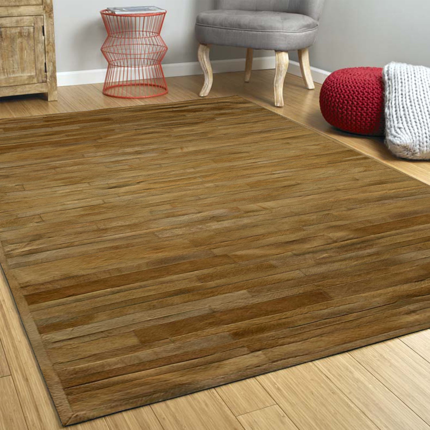 72" x 84" Natural Linear, Cowhide Stitched - Area Rug