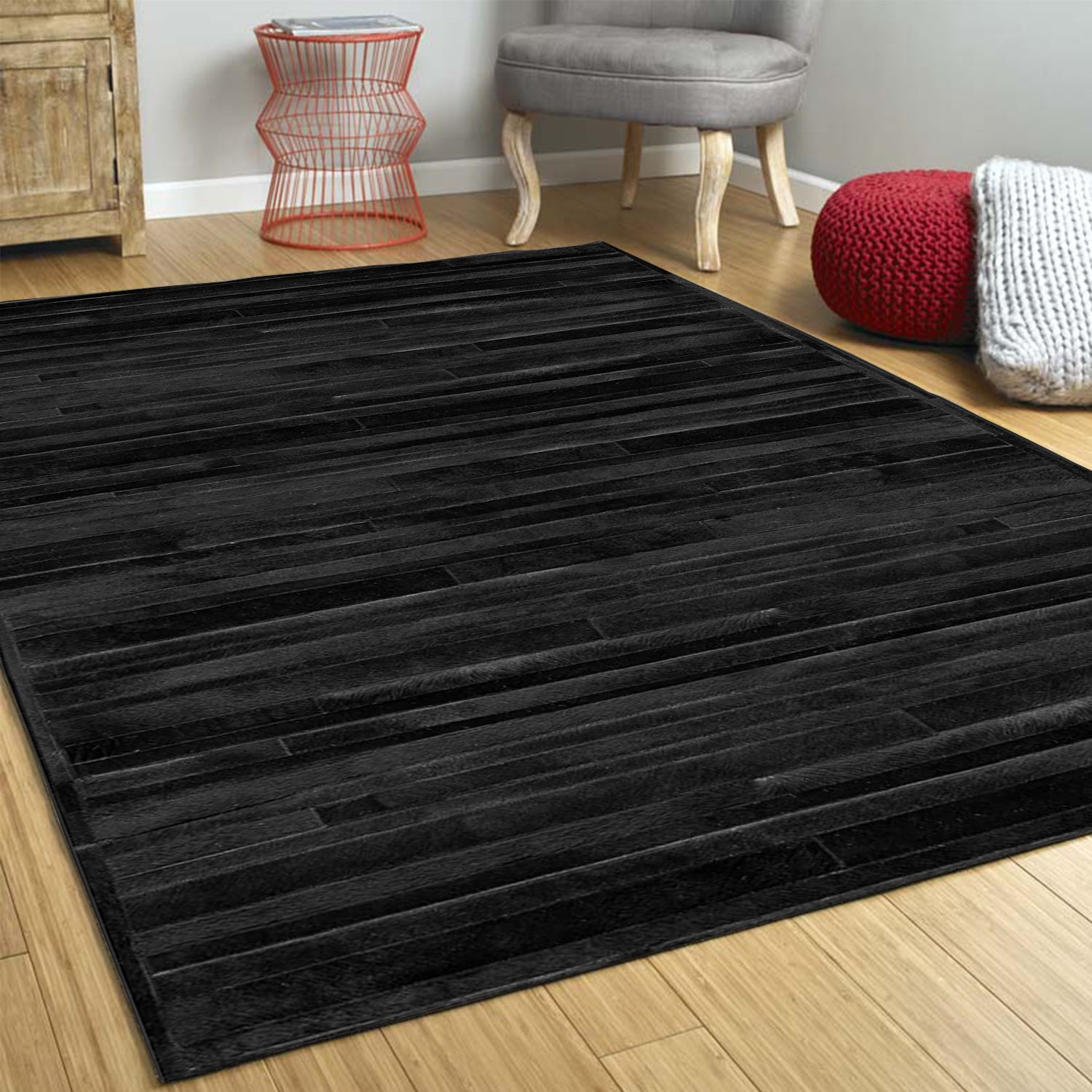 96" x 120" Black Linear, Cowhide Stitched - Area Rug