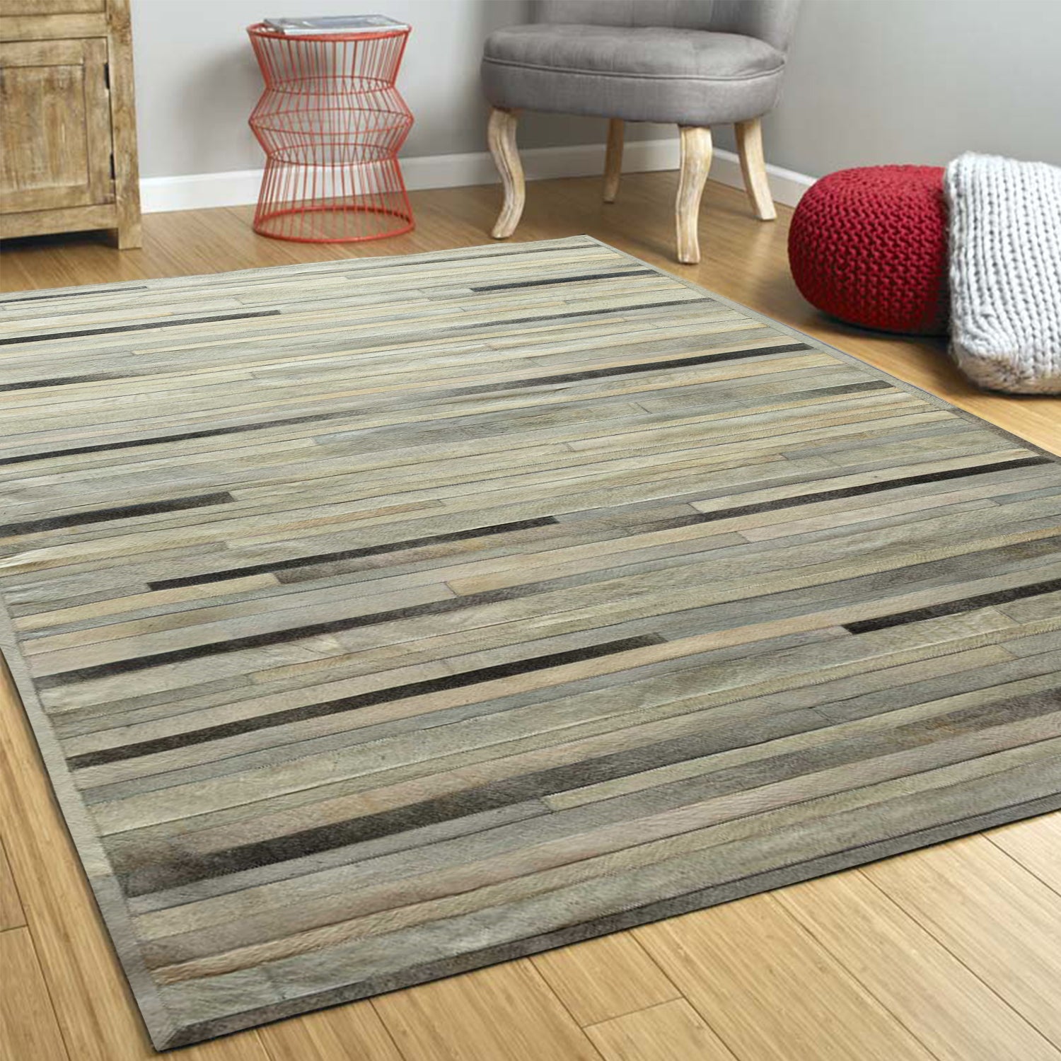 96" x 120" Gray Linear, Cowhide Stitched - Area Rug