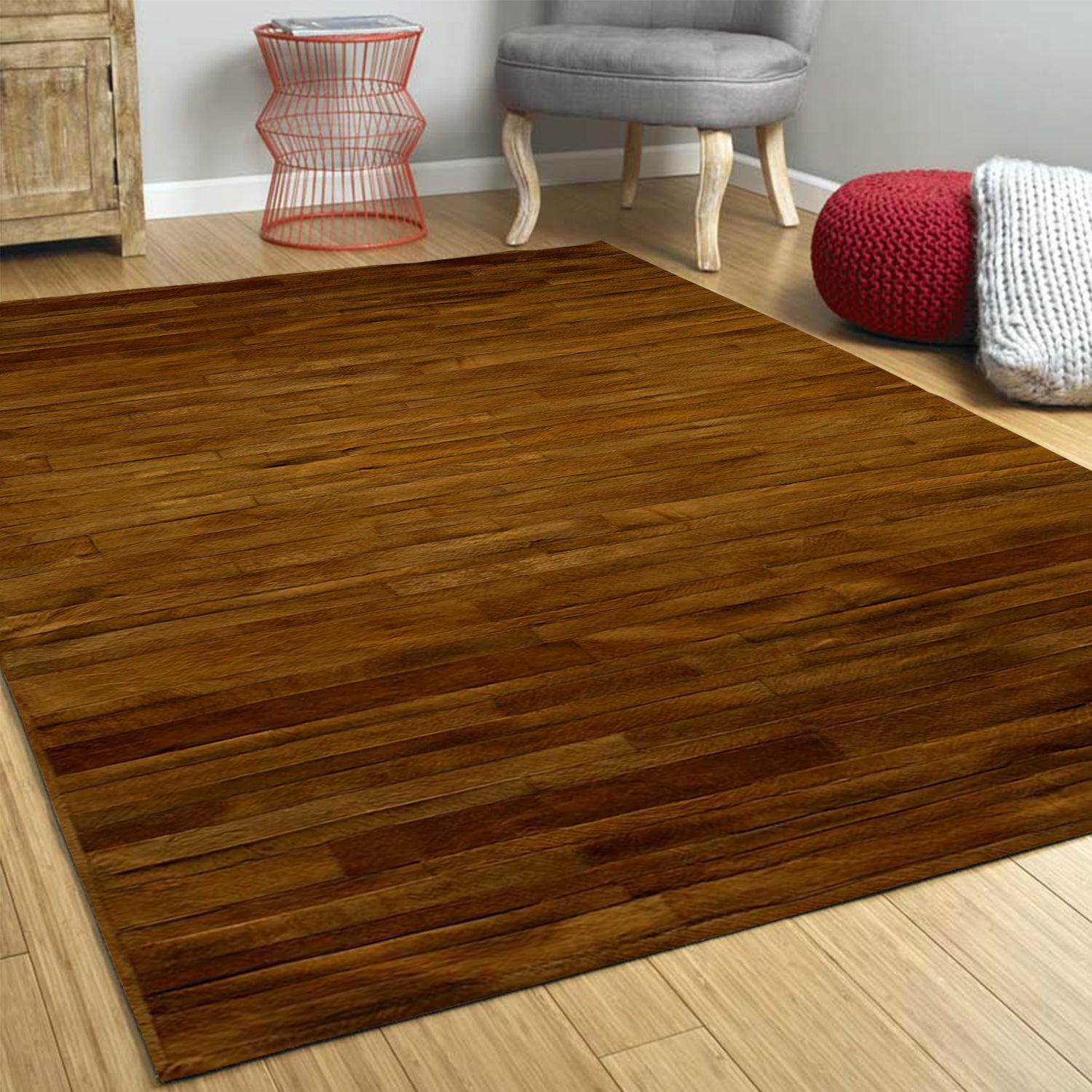 96" x 120" Brown Linear, Cowhide Stitched - Area Rug