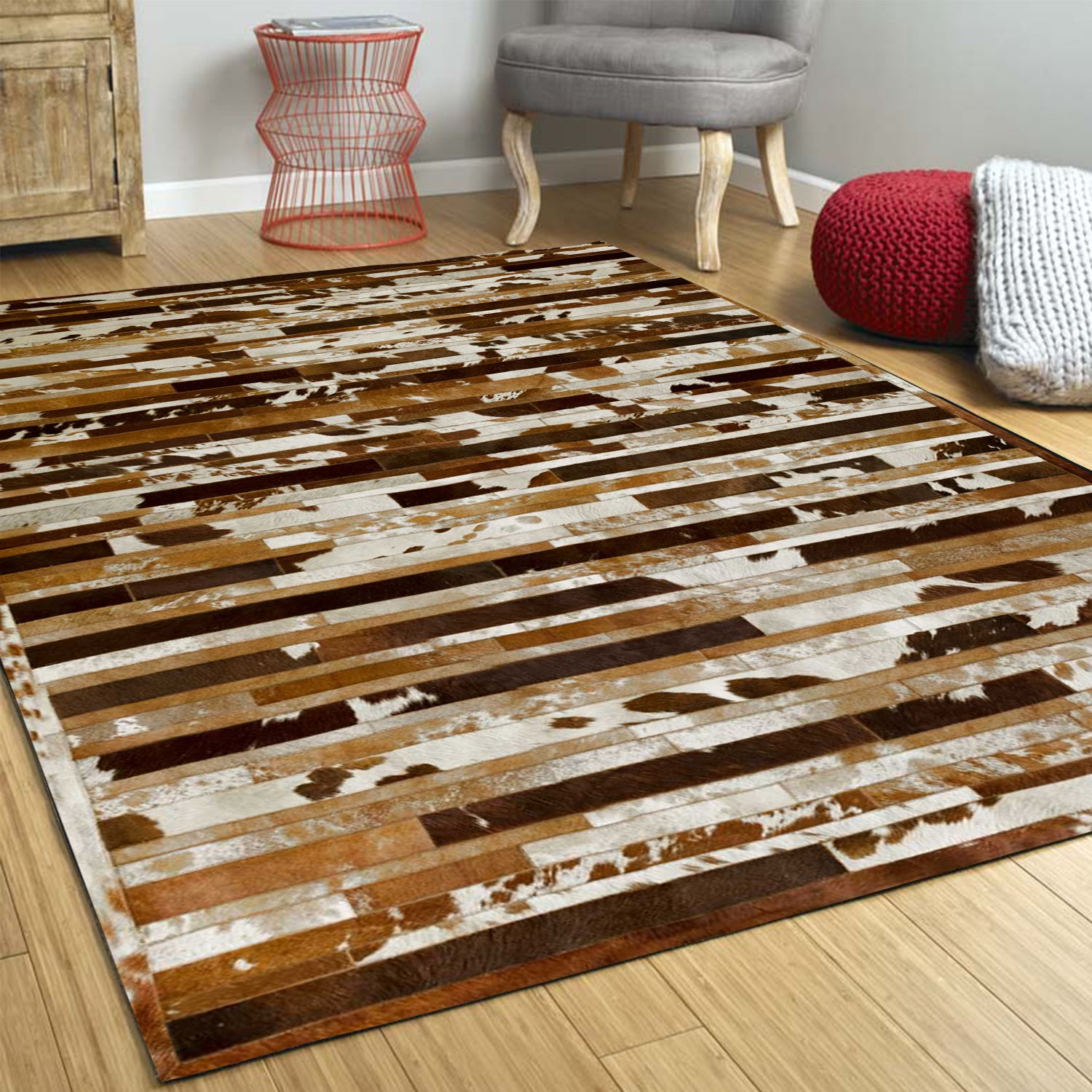 96" x 120" Brown and White Linear, Cowhide Stitched - Area Rug
