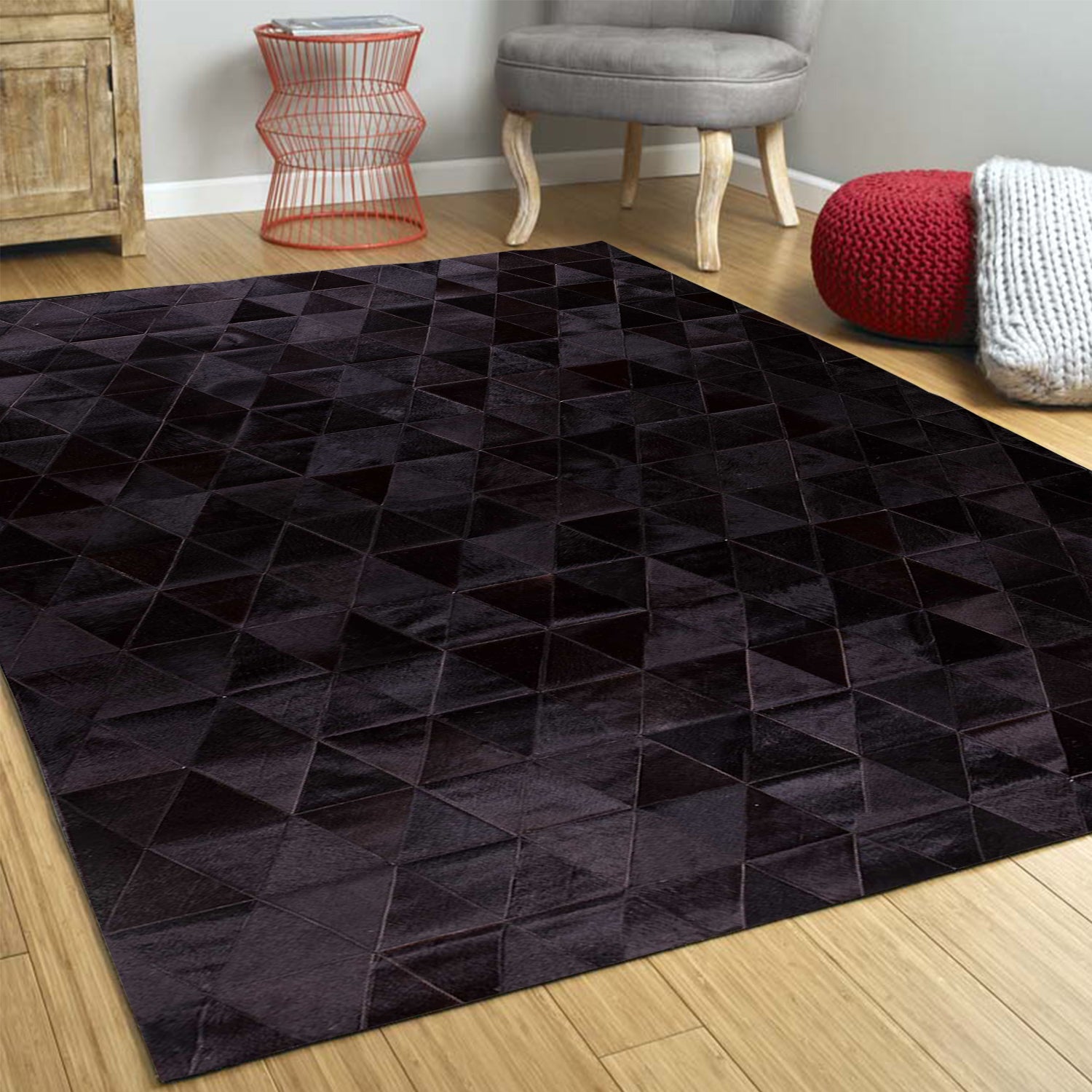 60" x 96" Black Mosaik, Natural Stitched Cowhide - Area Rug