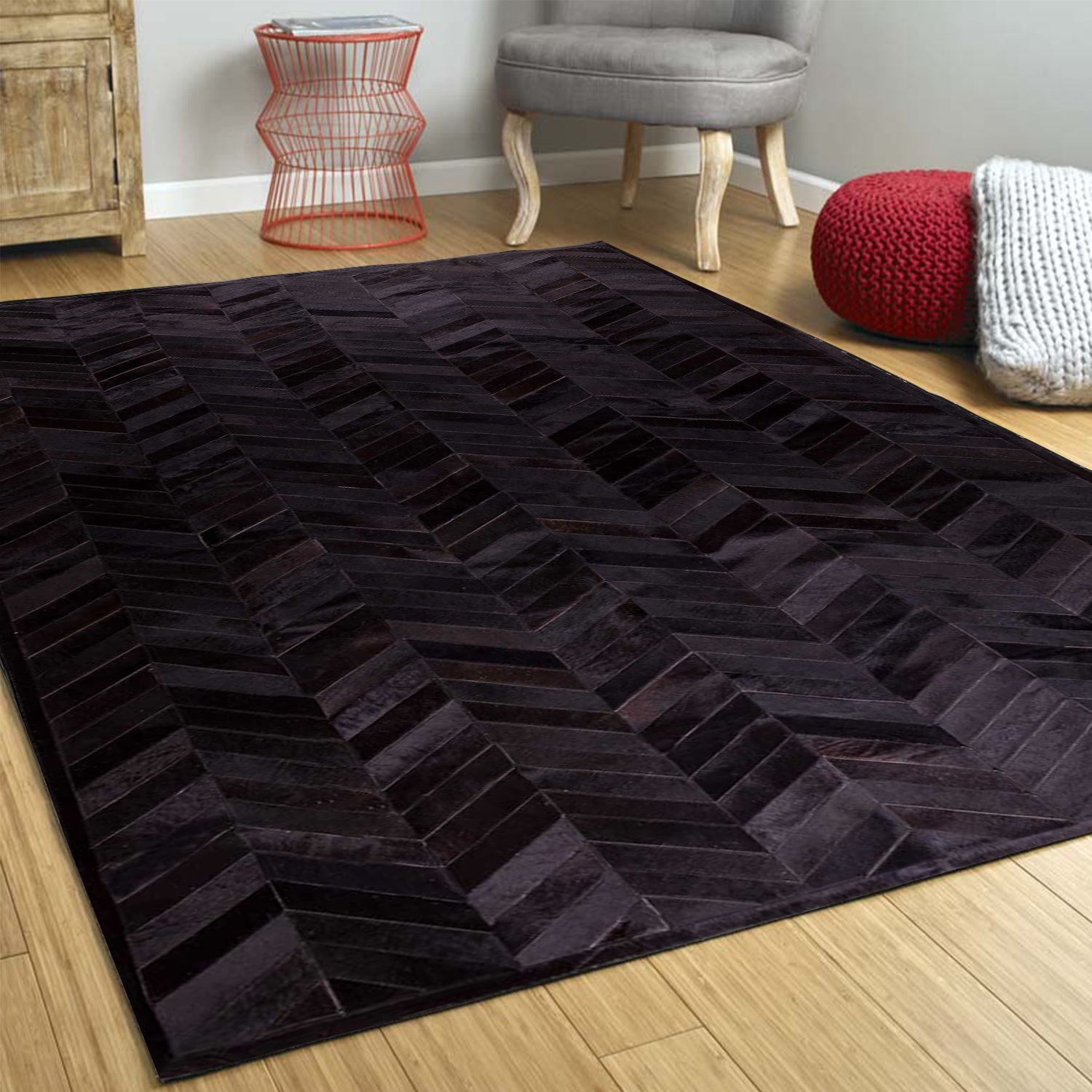 96" x 120" Chocolate Parquet, Natural Stitched, Cowhide - Area Rug