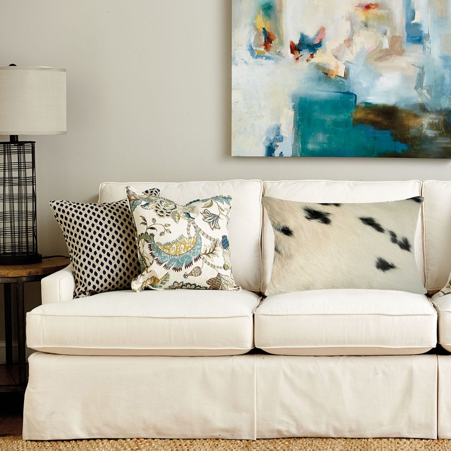 12" x 20" x 5" White And Black Cowhide - Pillow