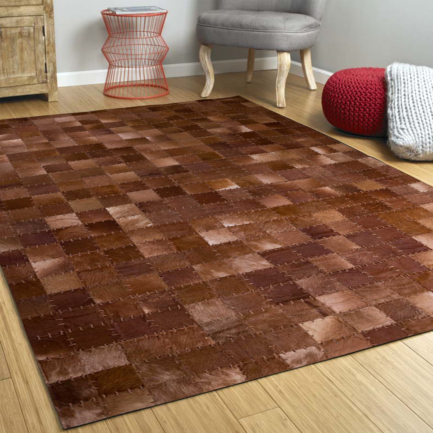 60" x 96" Chocolate, 4" Square Patches, Cowhide - Area Rug