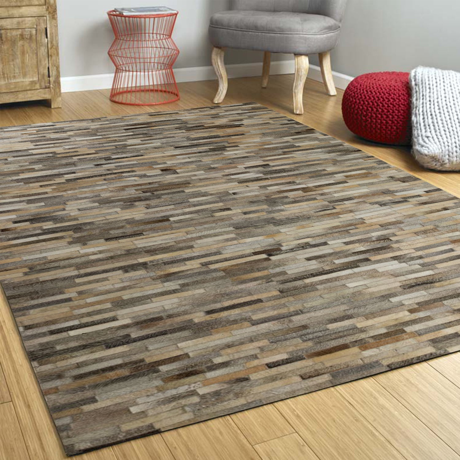 5' x 8' Mixed Gray Linear Cowhide Stitched Area Rug