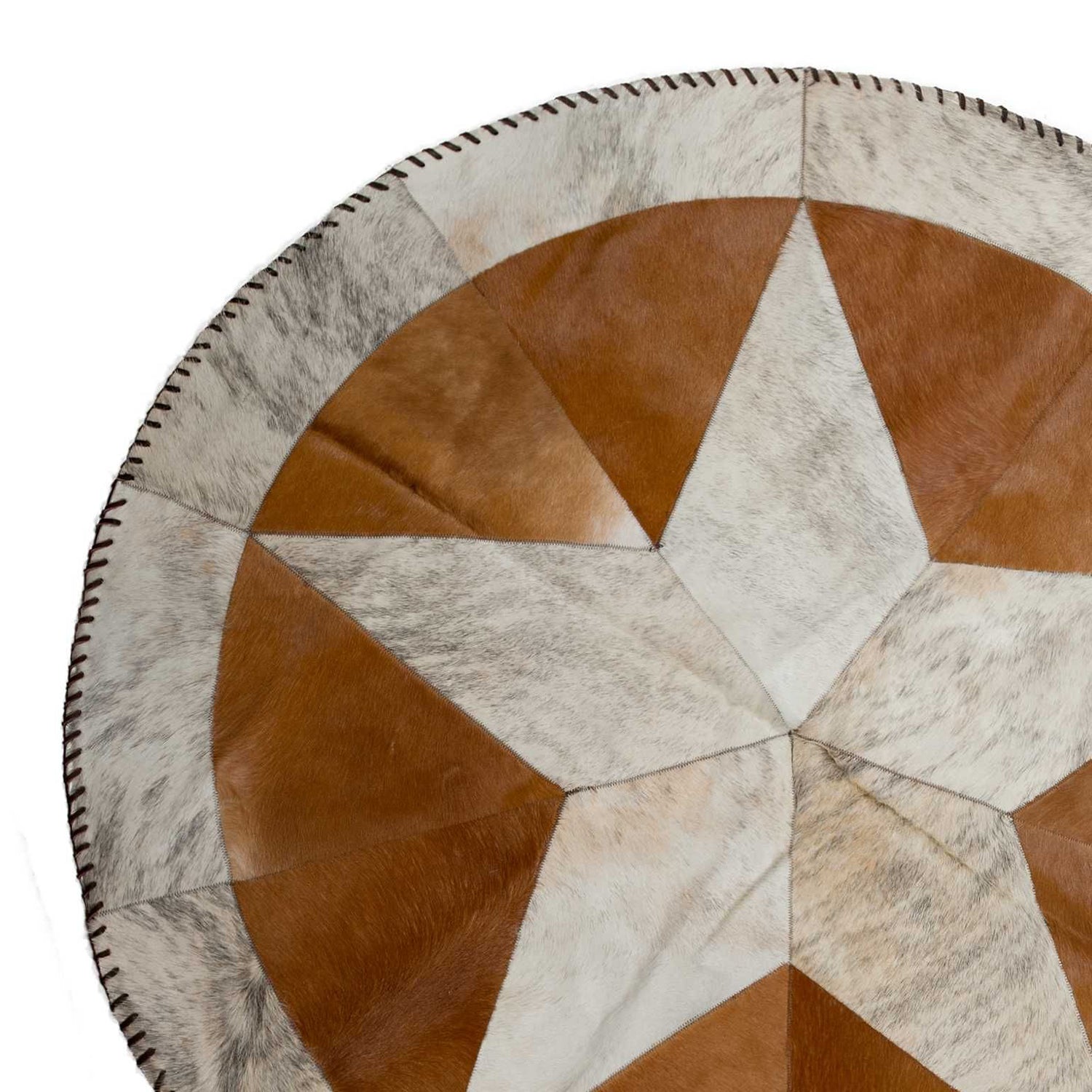 42" x 42" Brown And Natural, Star Stitch Round Cowhide - Area Rug