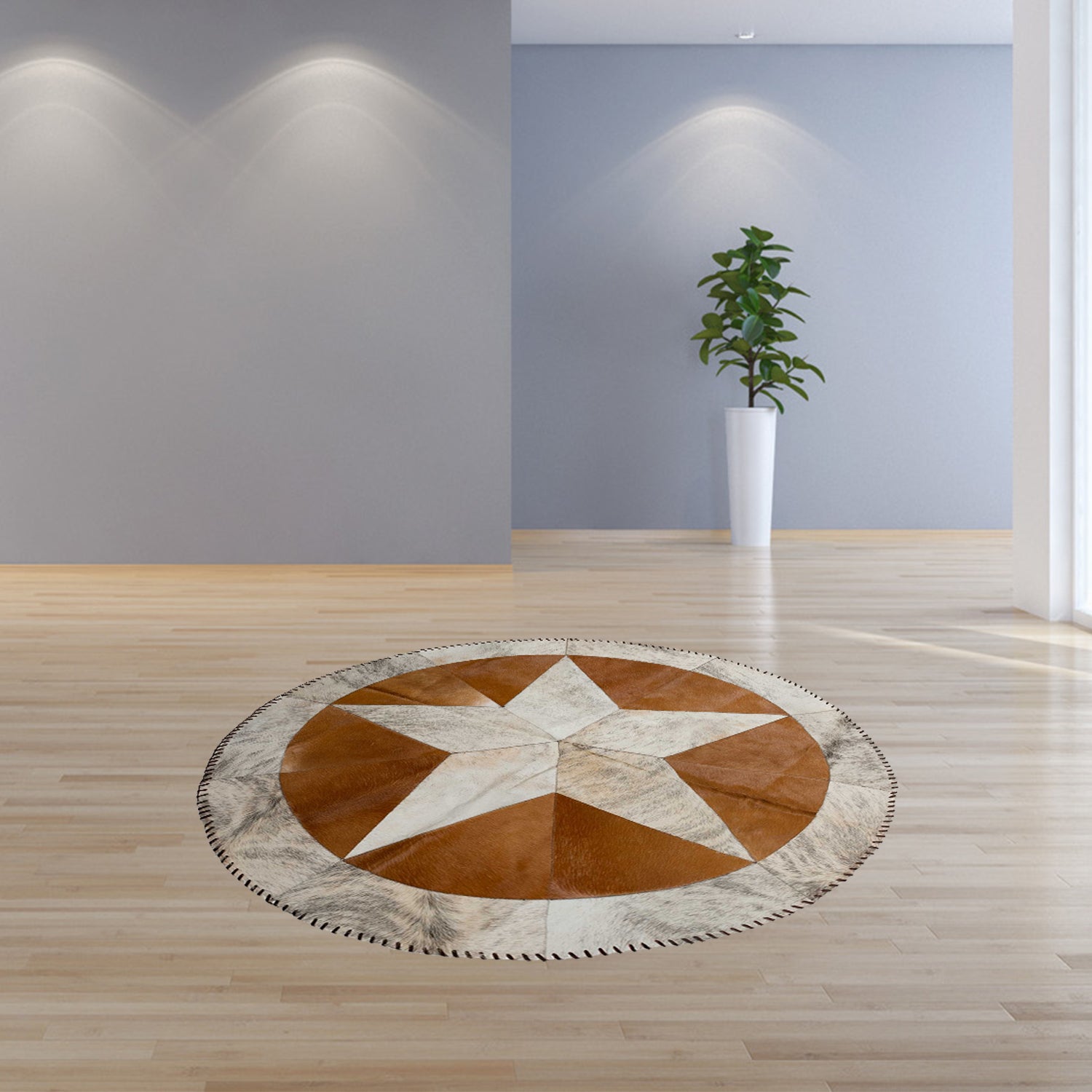 42" x 42" Brown And Natural, Star Stitch Round Cowhide - Area Rug