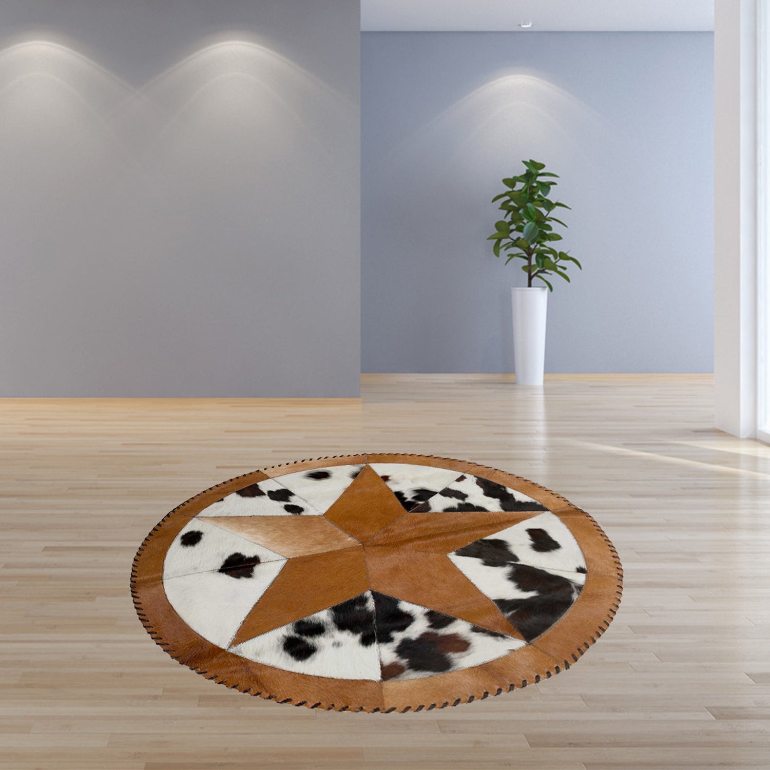 42" x 42" Tricolor, Natural Star Stitch Round Cowhide - Area Rug