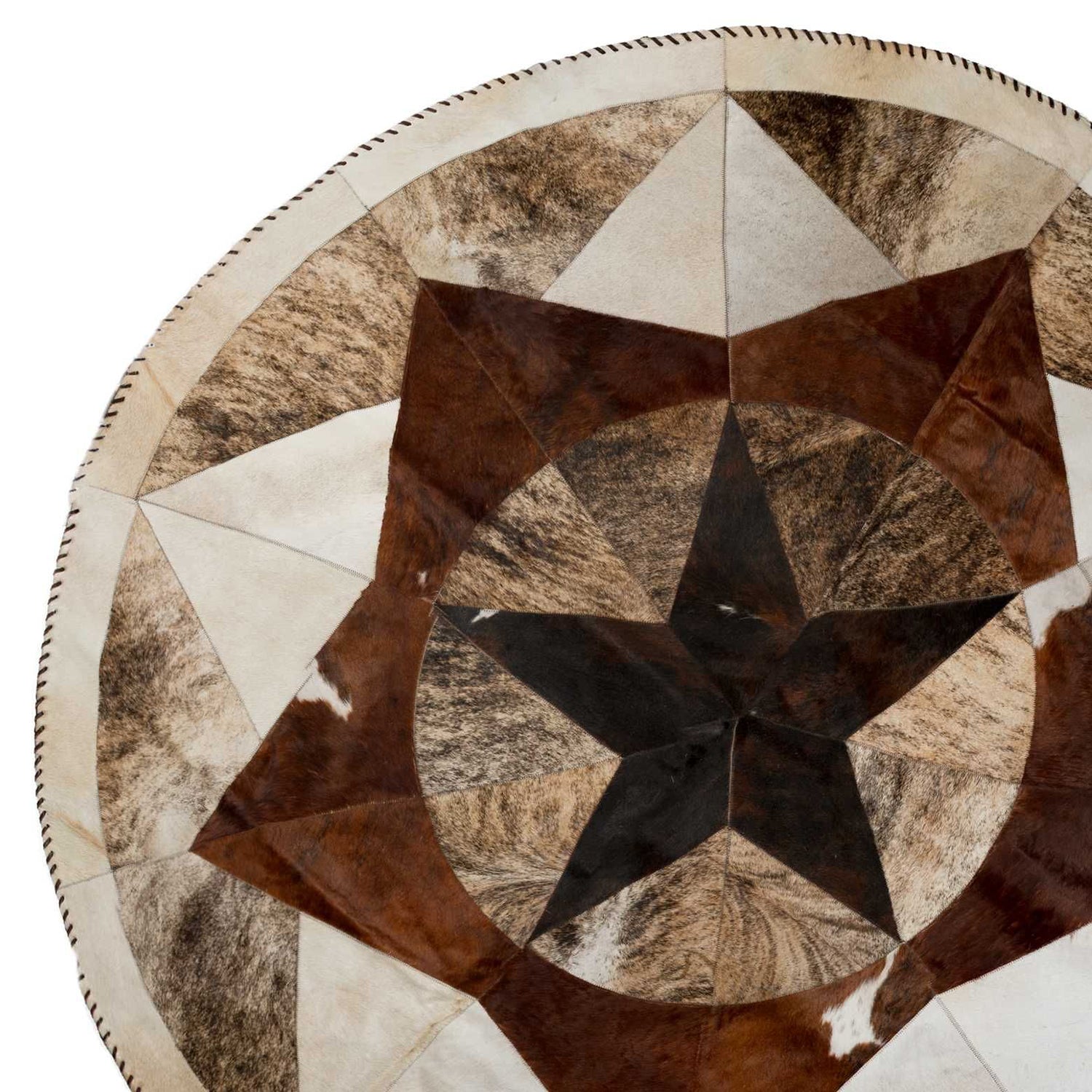 60" x 60"  Tricolor, Tri-Star Stitch, Round, Cowhide - Area Rugs