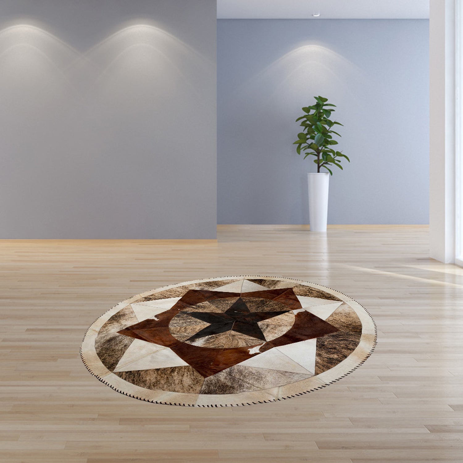 60" x 60"  Tricolor, Tri-Star Stitch, Round, Cowhide - Area Rugs