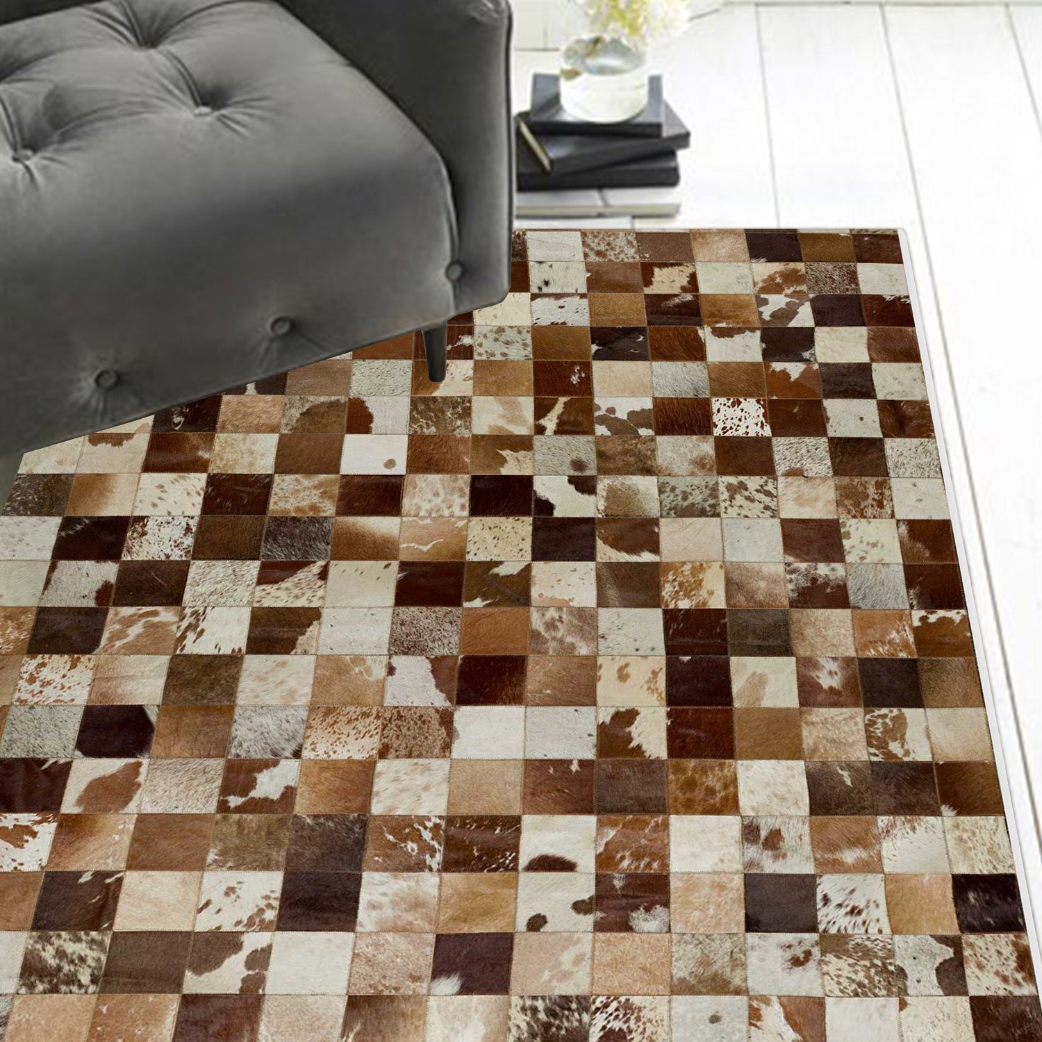 96" x 120" Brown And White, 4" Square Patches, Cowhide - Area Rug