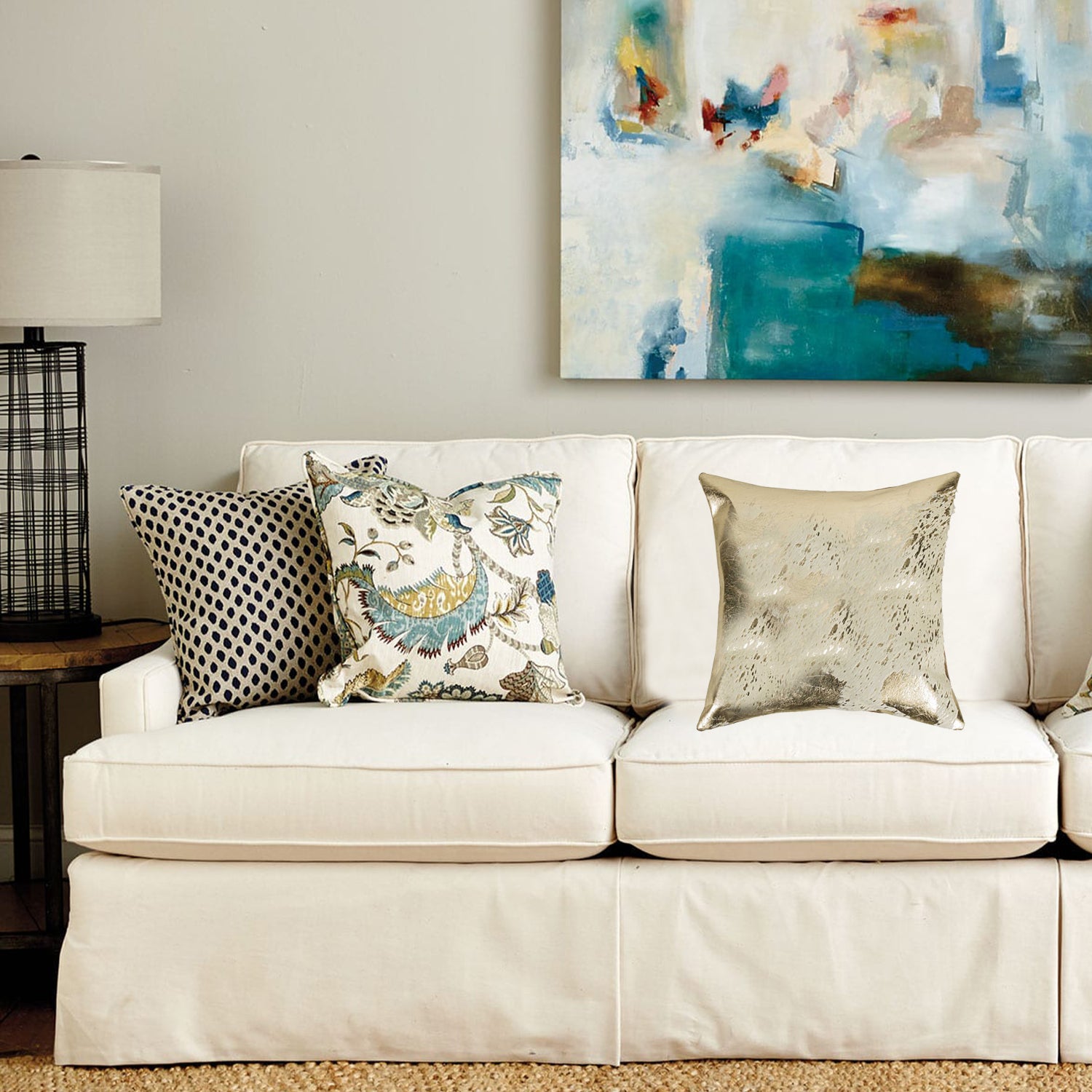 18" x 18" x 5" Gray And Gold Cowhide - Pillow