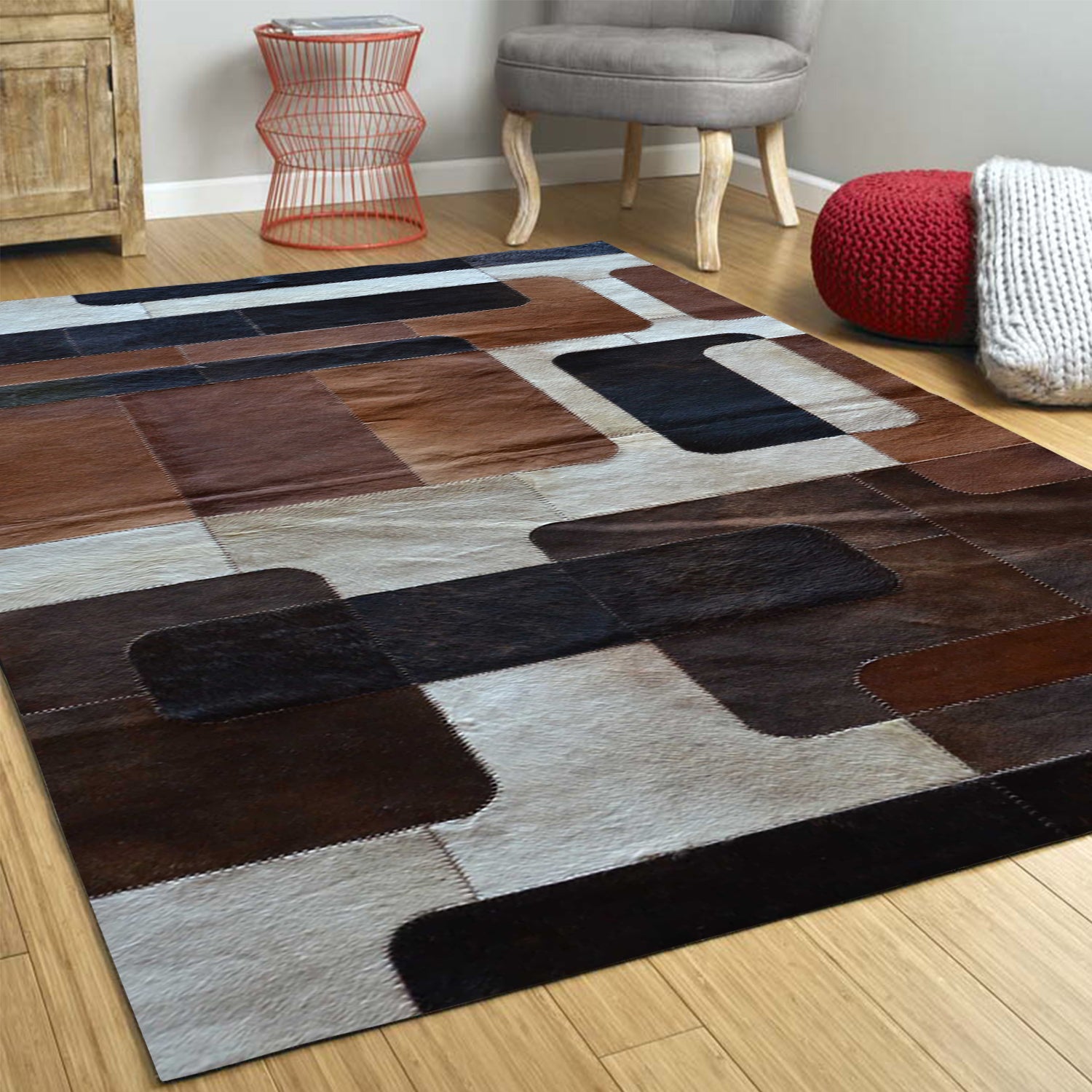 10" x 8" Tricolor, Nostalgia Natural, Stitched Cowhide - Area Rug