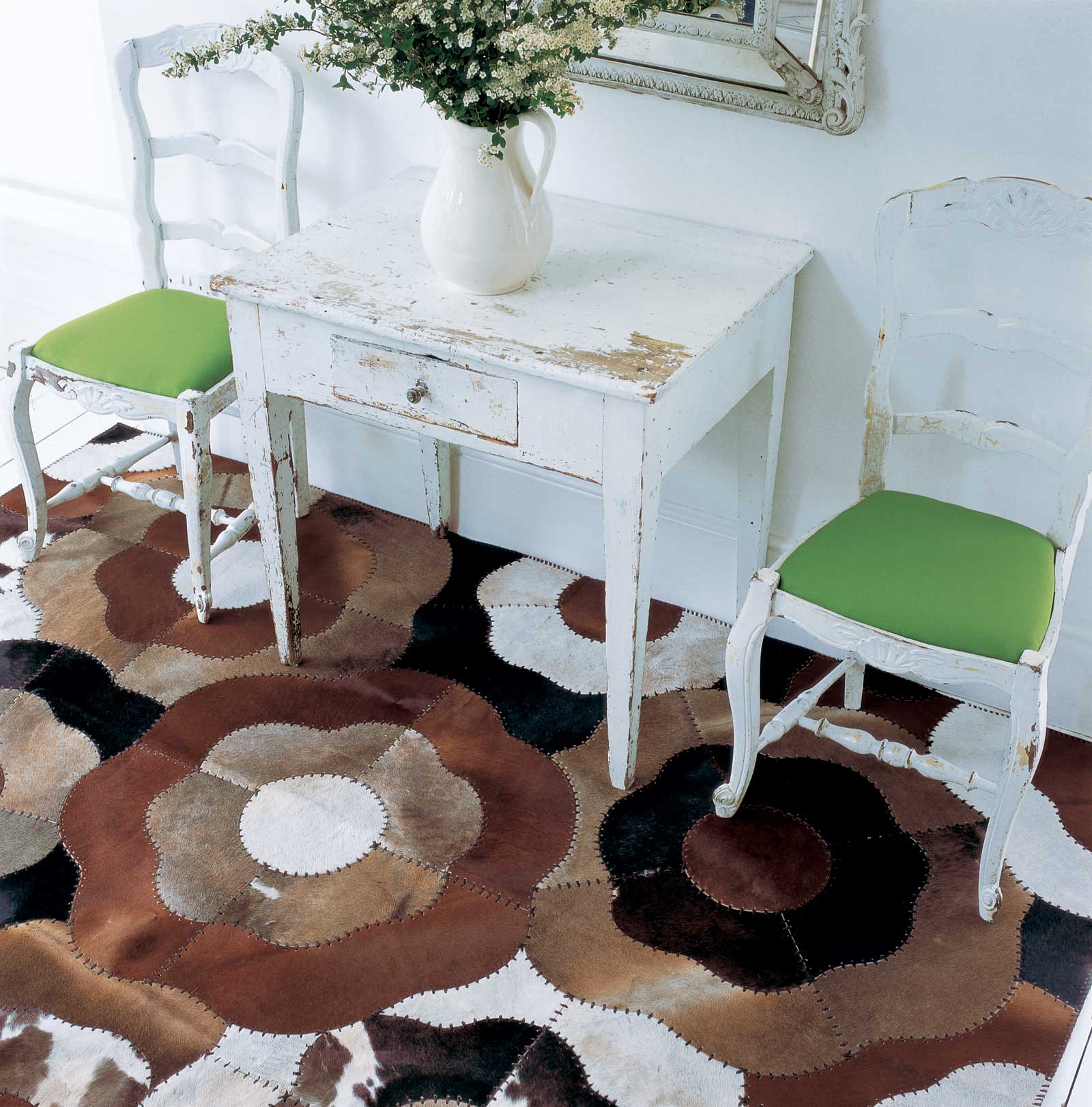 60" x 96" Tricolor, Fiori Natural, Stitched Cowhide - Area Rug