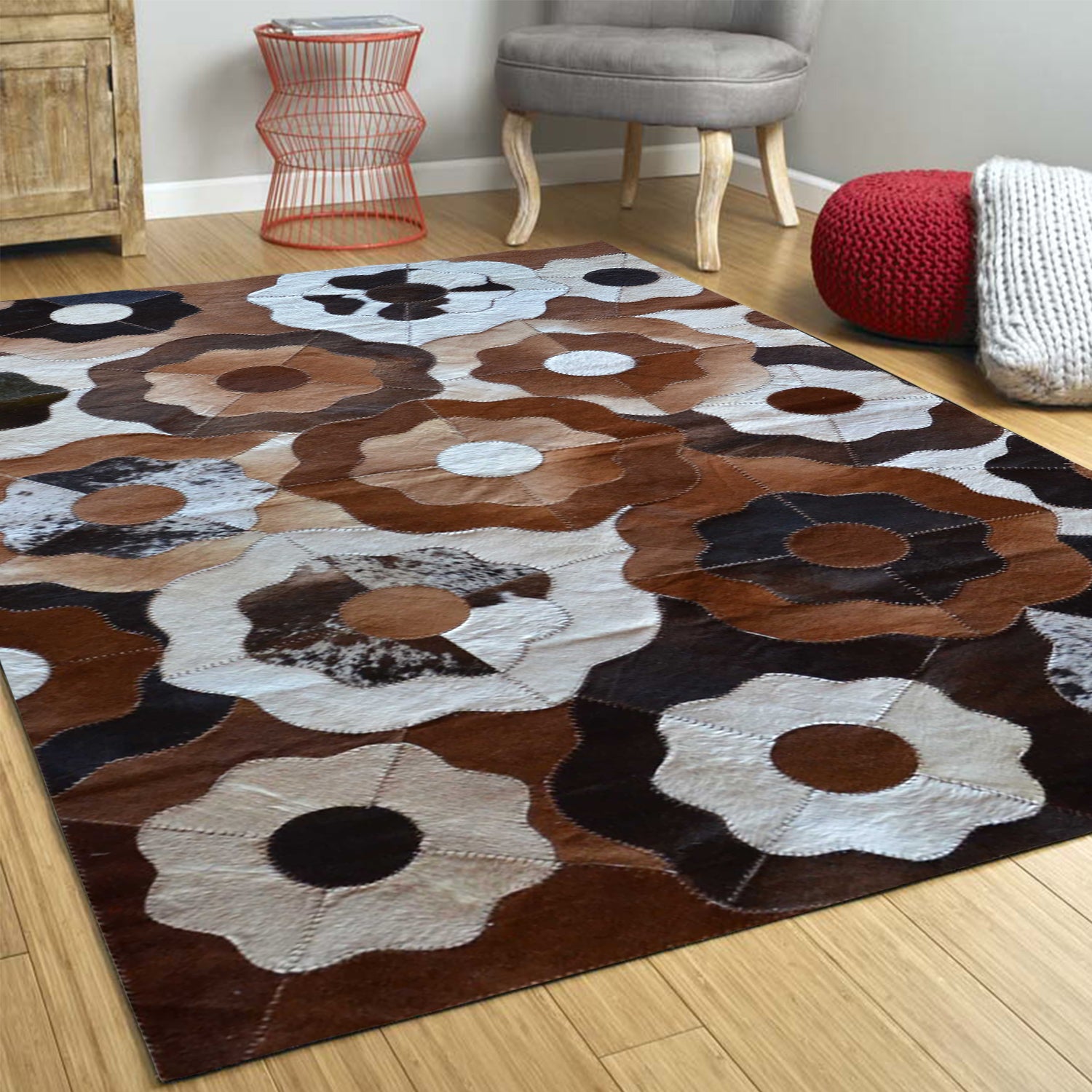 60" x 96" Tricolor, Fiori Natural, Stitched Cowhide - Area Rug