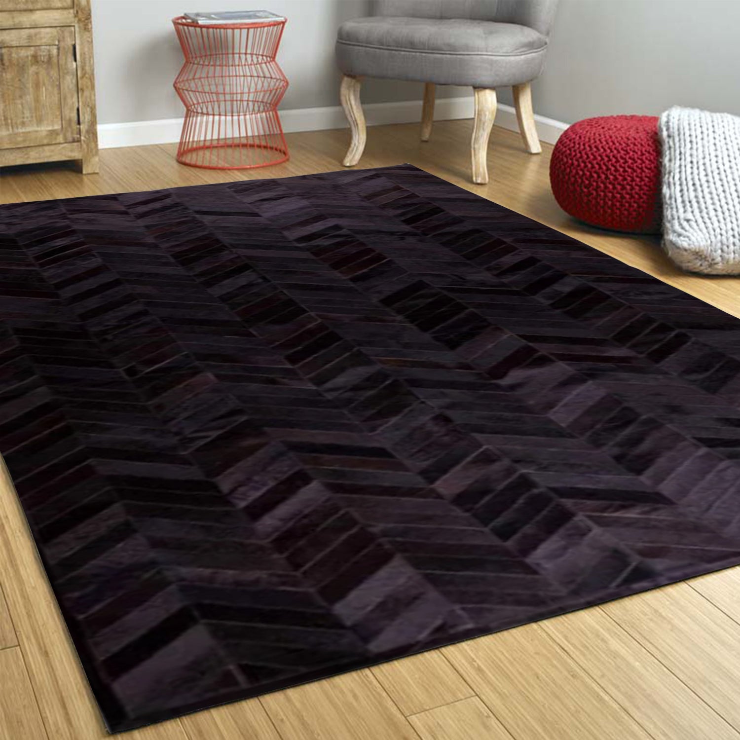 60" x 96" Chocolate Parquet, Natural Stitched Cowhide - Area Rug