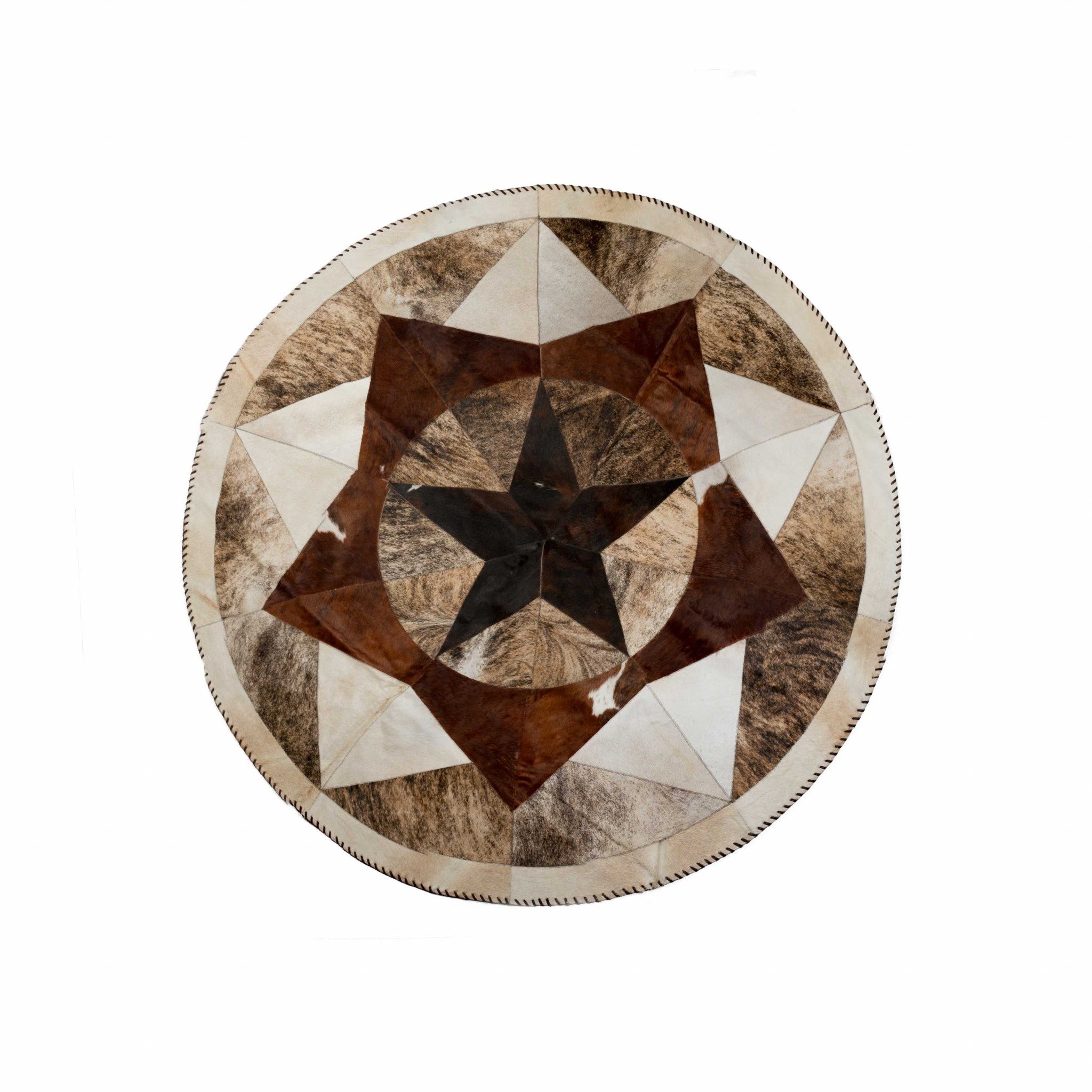 84" x 84" Tricolor, Natural Tri-Star, Stitch Round, Cowhide - Area Rug