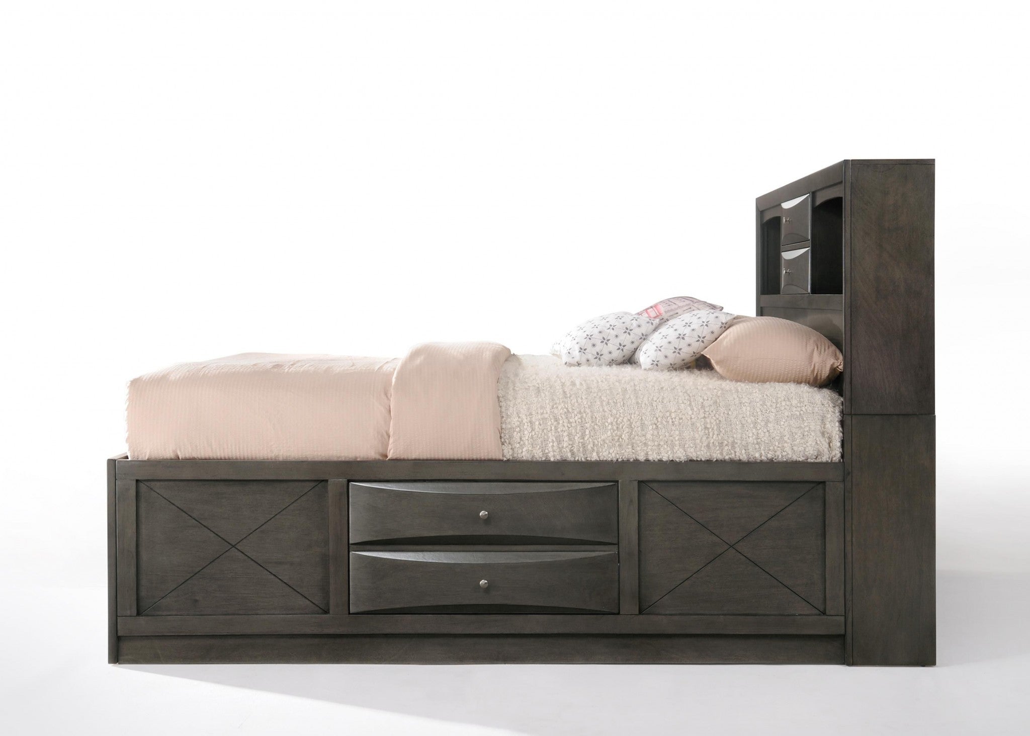 86" X 57" X 56" Gray Oak Rubber Wood Full Storage Bed