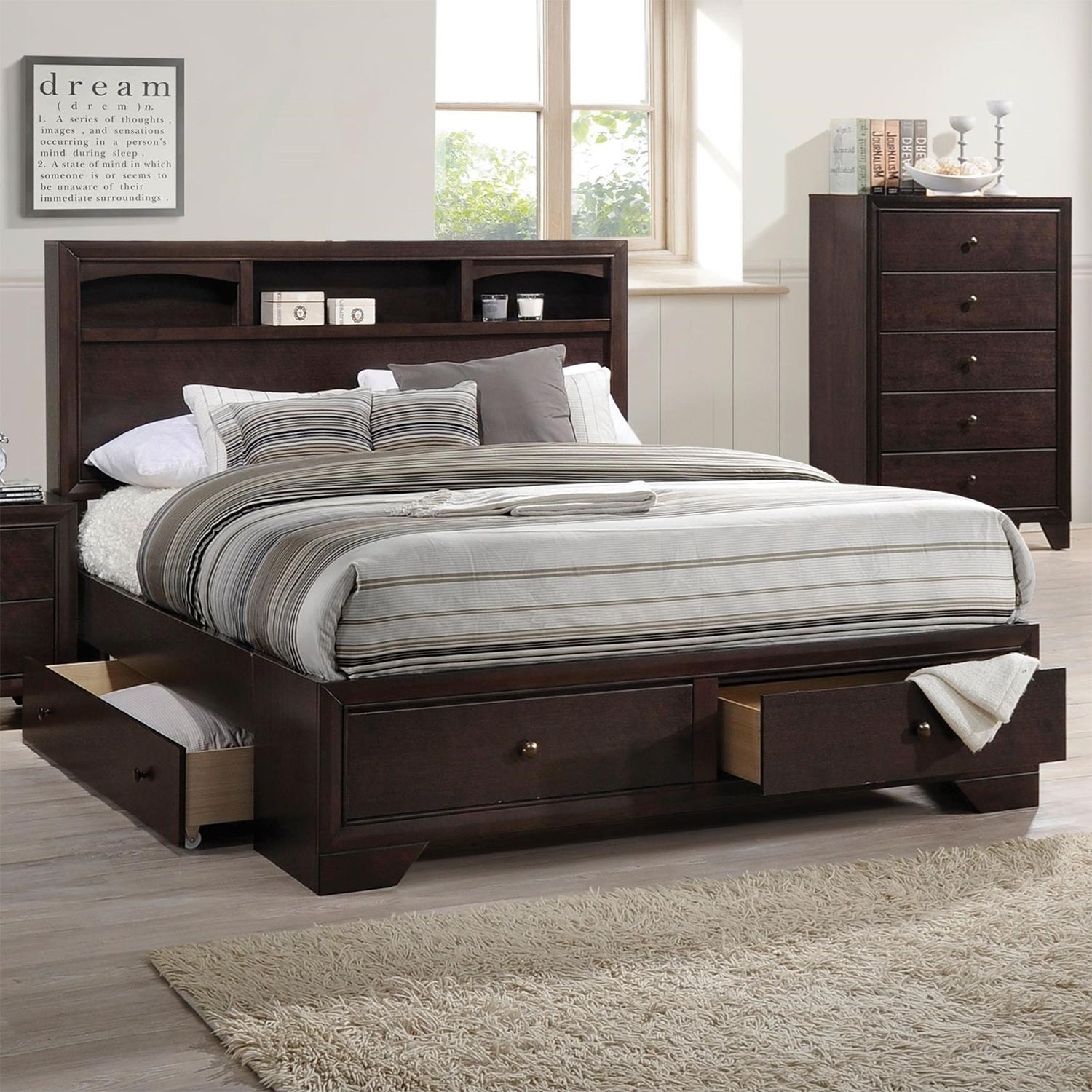 91" X 63" X 53" Espresso Rubber Wood Queen Storage Bed