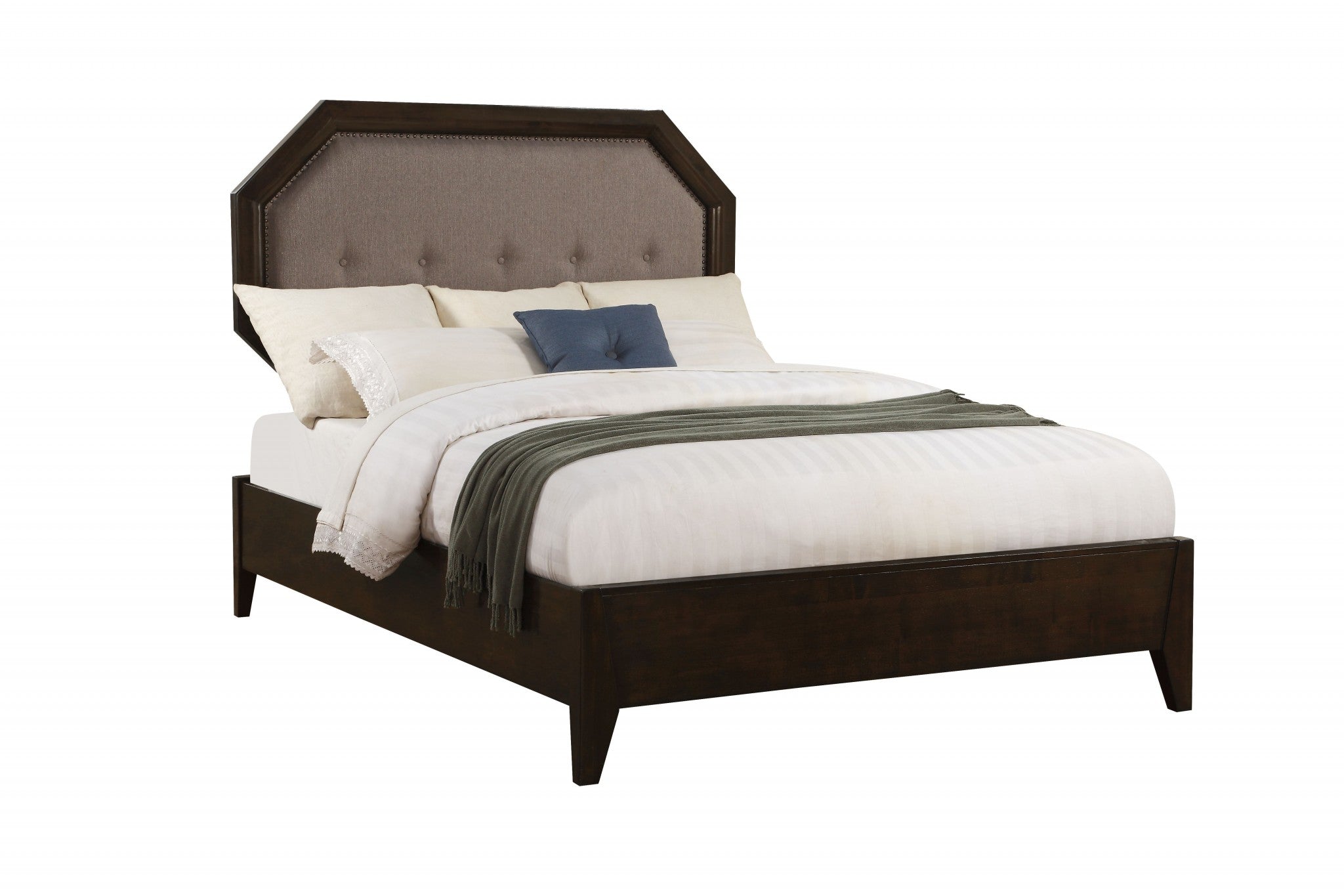 86" X 63" X 58" Light Gray Fabric & Tobacco Queen Bed