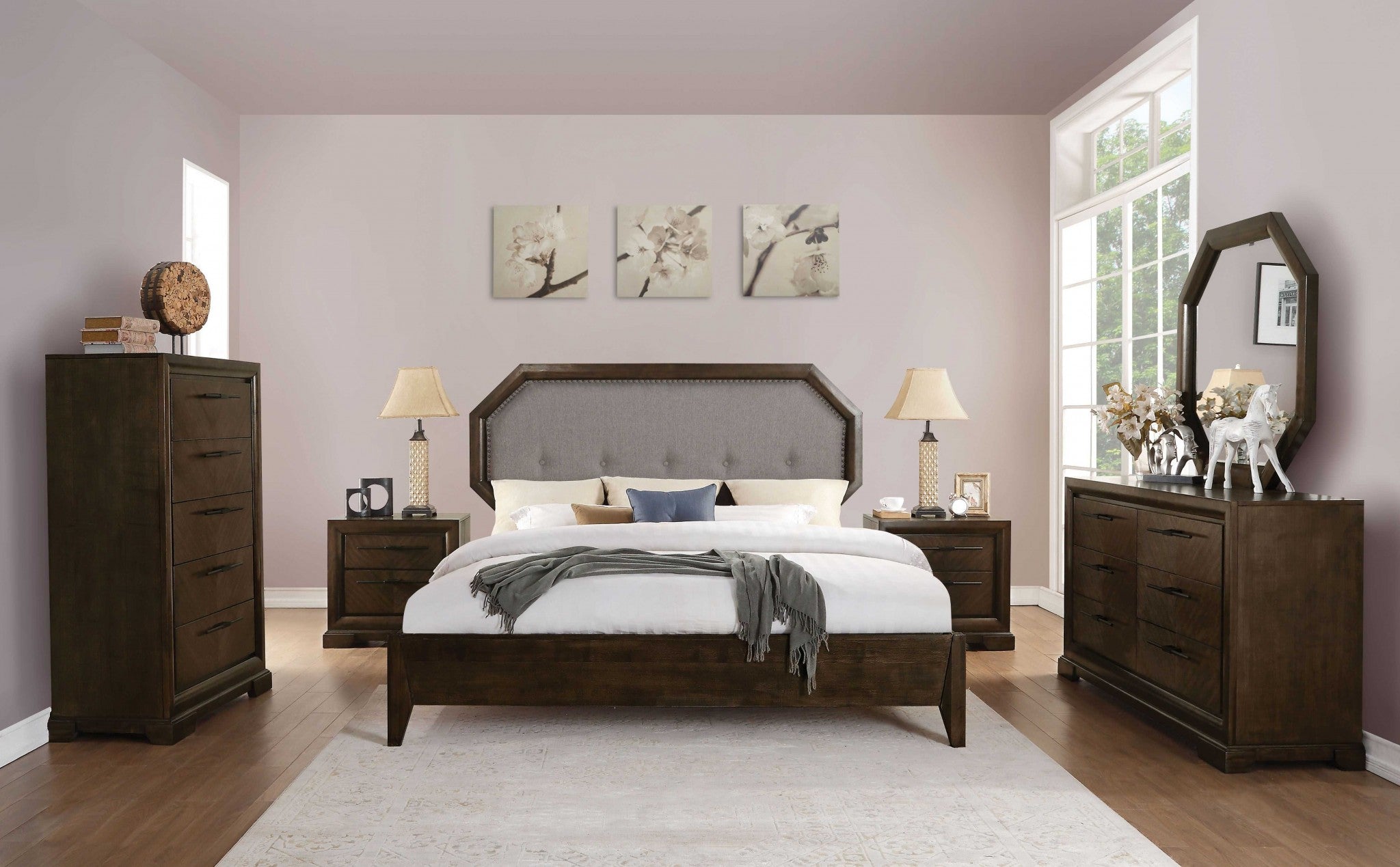 86" X 63" X 58" Light Gray Fabric & Tobacco Queen Bed