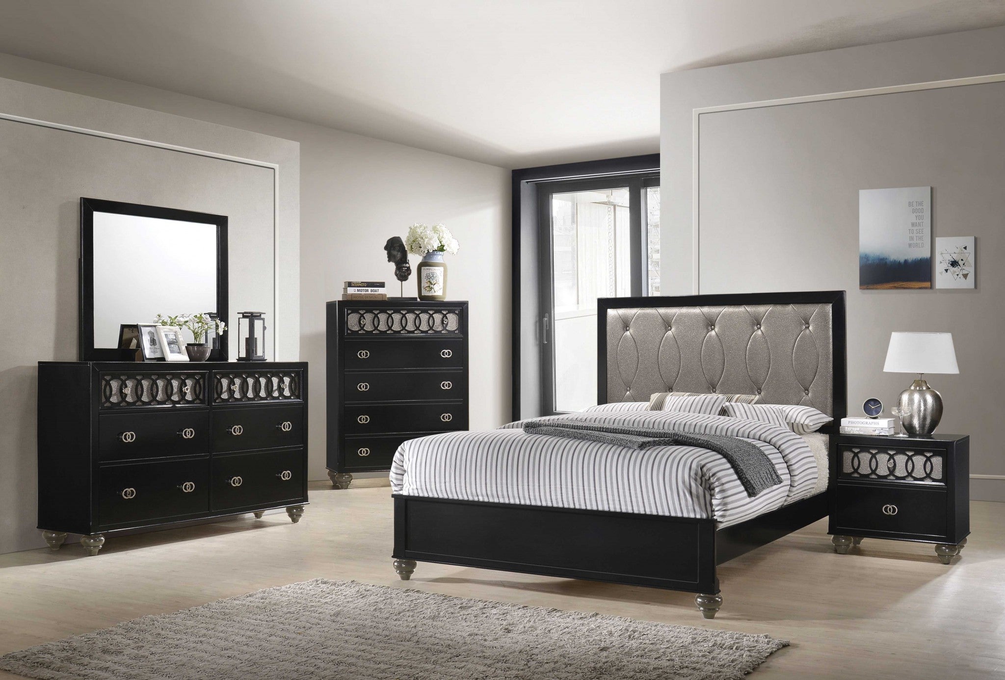 89" X 64" X 58" Copper Leatherette And Black Pu Queen Bed