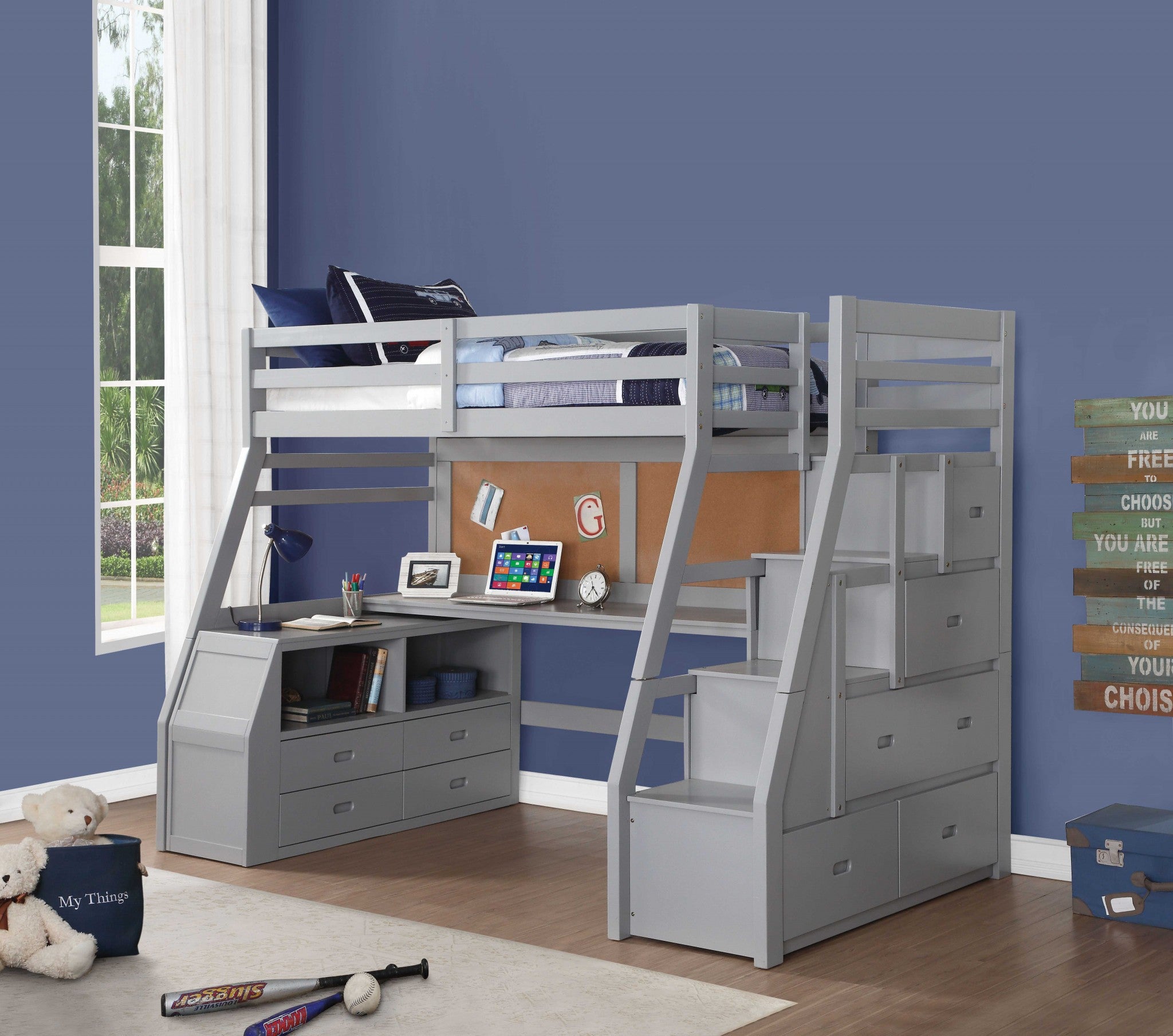 98" X 57" X 73" Gray Pine Wood Loft Bed