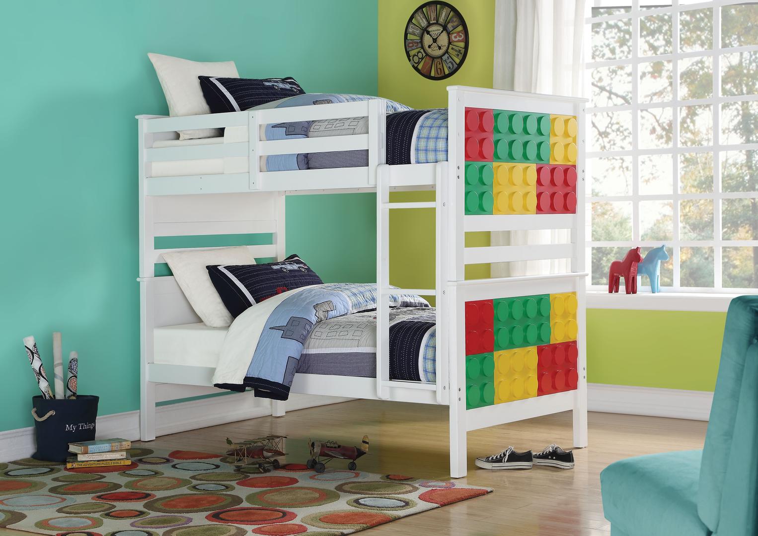 80" X 43" X 65" White  MultiColor Twin Over Twin Playground Bunk Bed