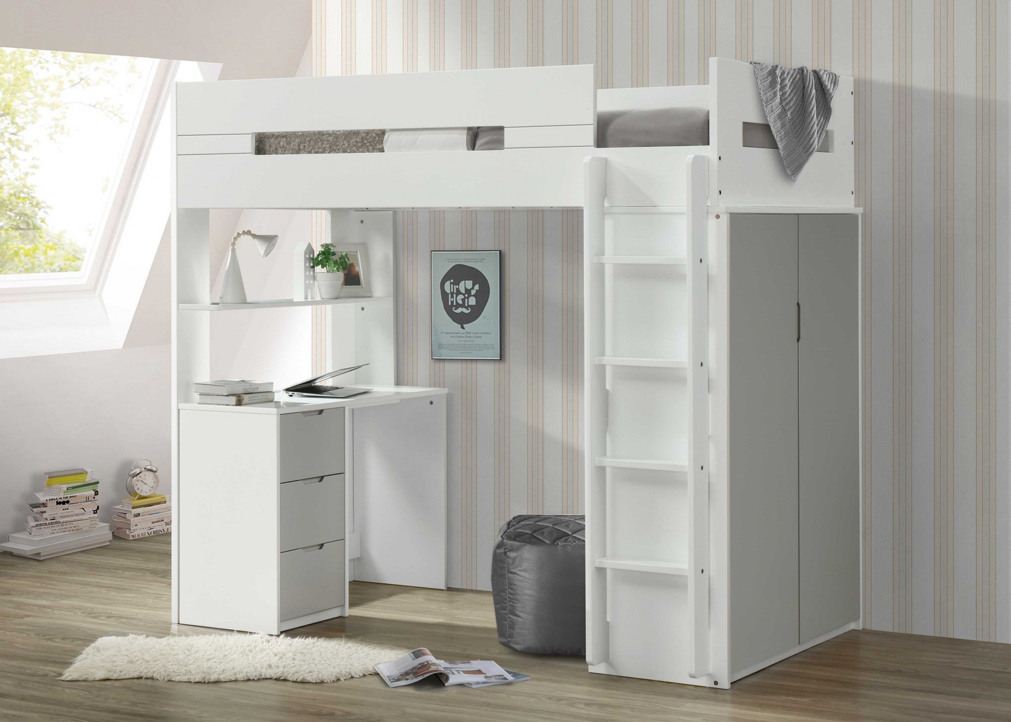 78" X 41" X 70" White And Gray Laminated Veneer Lumber Loft Bed