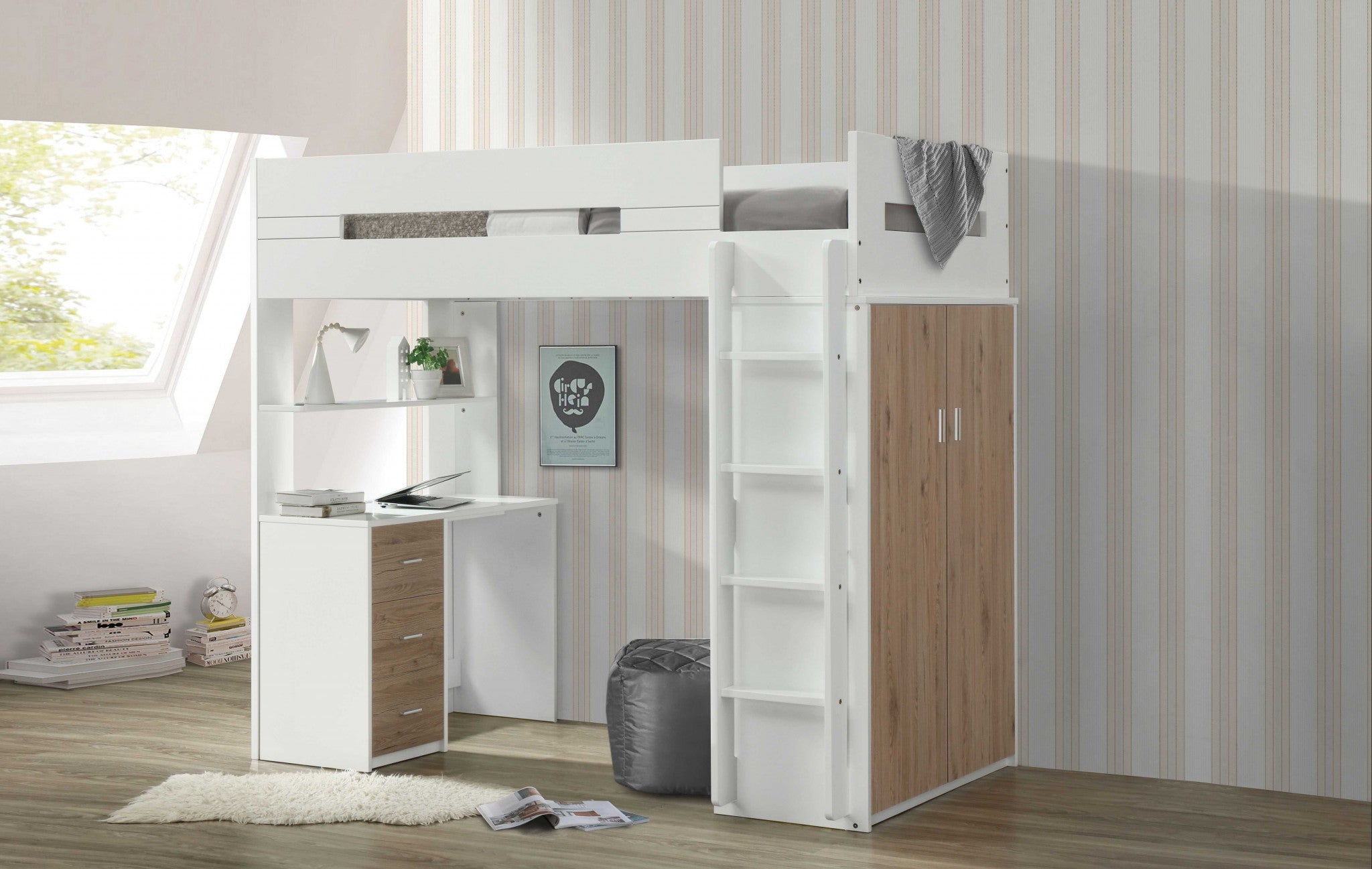 78" X 41" X 70" White And Oak Laminated Veneer Lumber Loft Bed