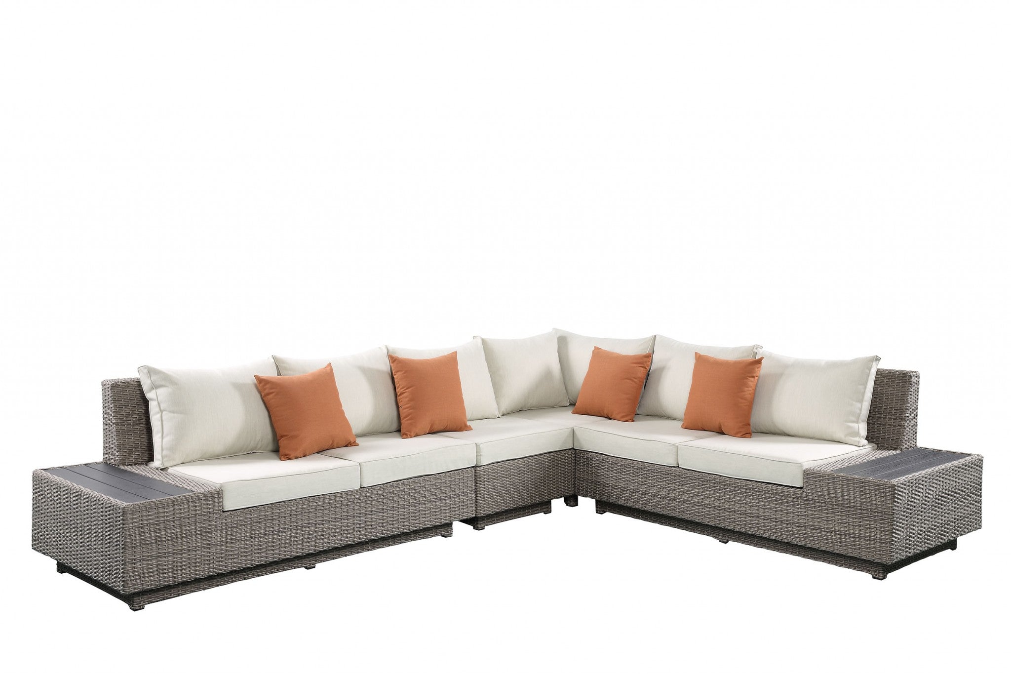 126" X 100" X 30" Beige Fabric And Gray Wicker Patio Sectional And Cocktail Table