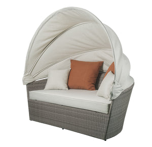 71" X 48" X 31" 2Pc Beige Fabric And Gray Wicker Patio Canopy Daybed Set