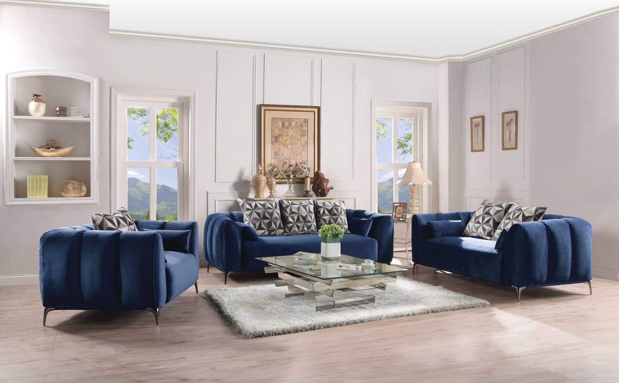 90" X 42" X 31" Blue Velvet Sofa w/5 Pillows