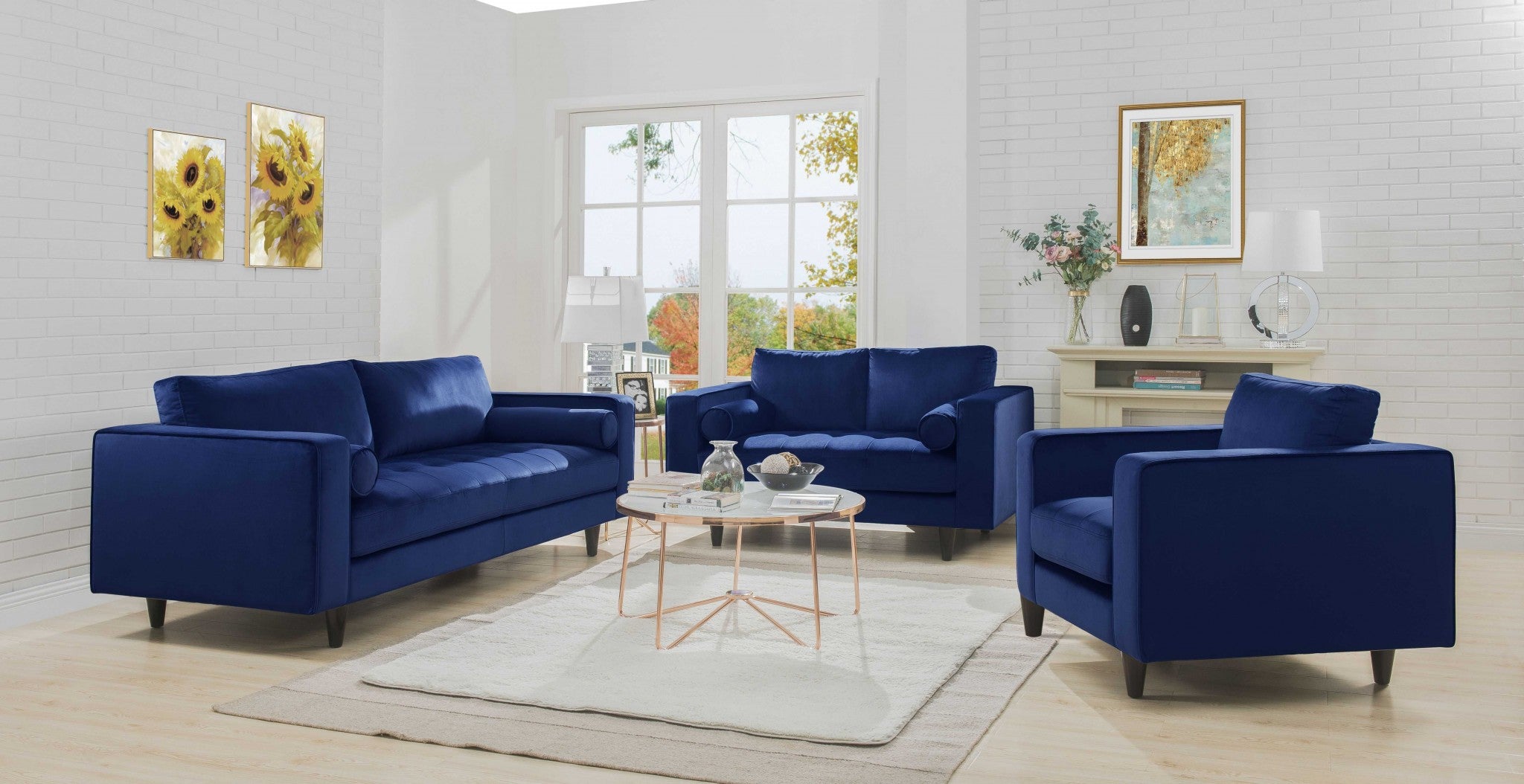 88" X 38" X 35" Navy Velvet Sofa w/2 Pillows
