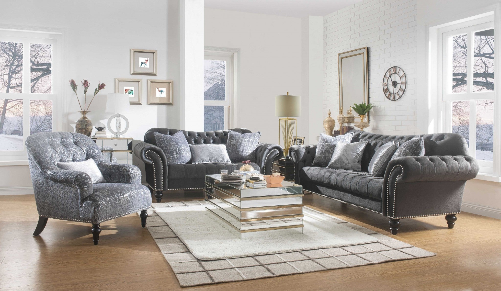 79" X 37" X 37" Dark Gray Velvet Loveseat w/3 Pillows