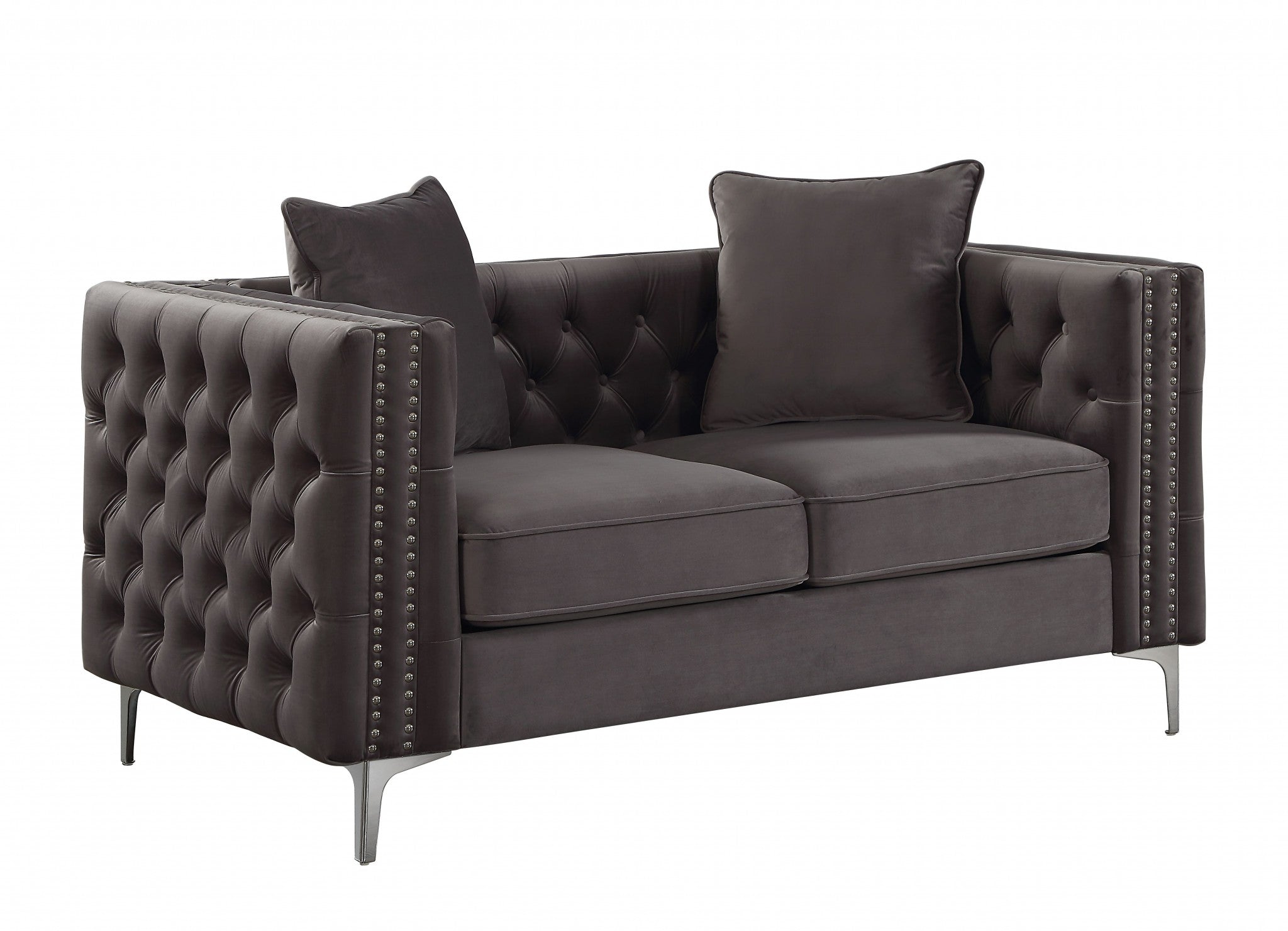 63" X 34" X 30" Dark Gray Velvet Loveseat w/2 Pillows