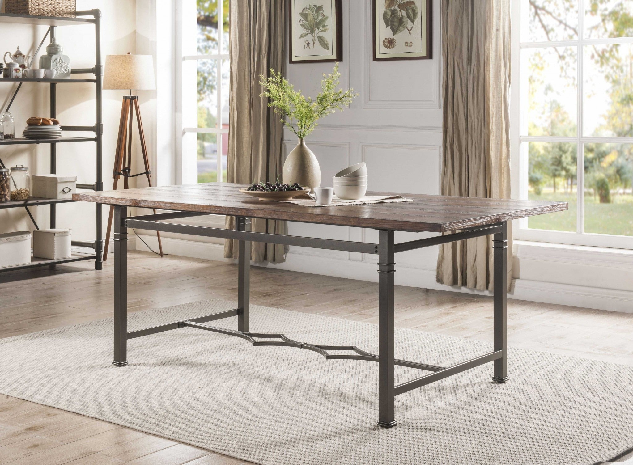 76" X 36" X 30" Weathered Dark Oak And Dark Bronze Dining Table