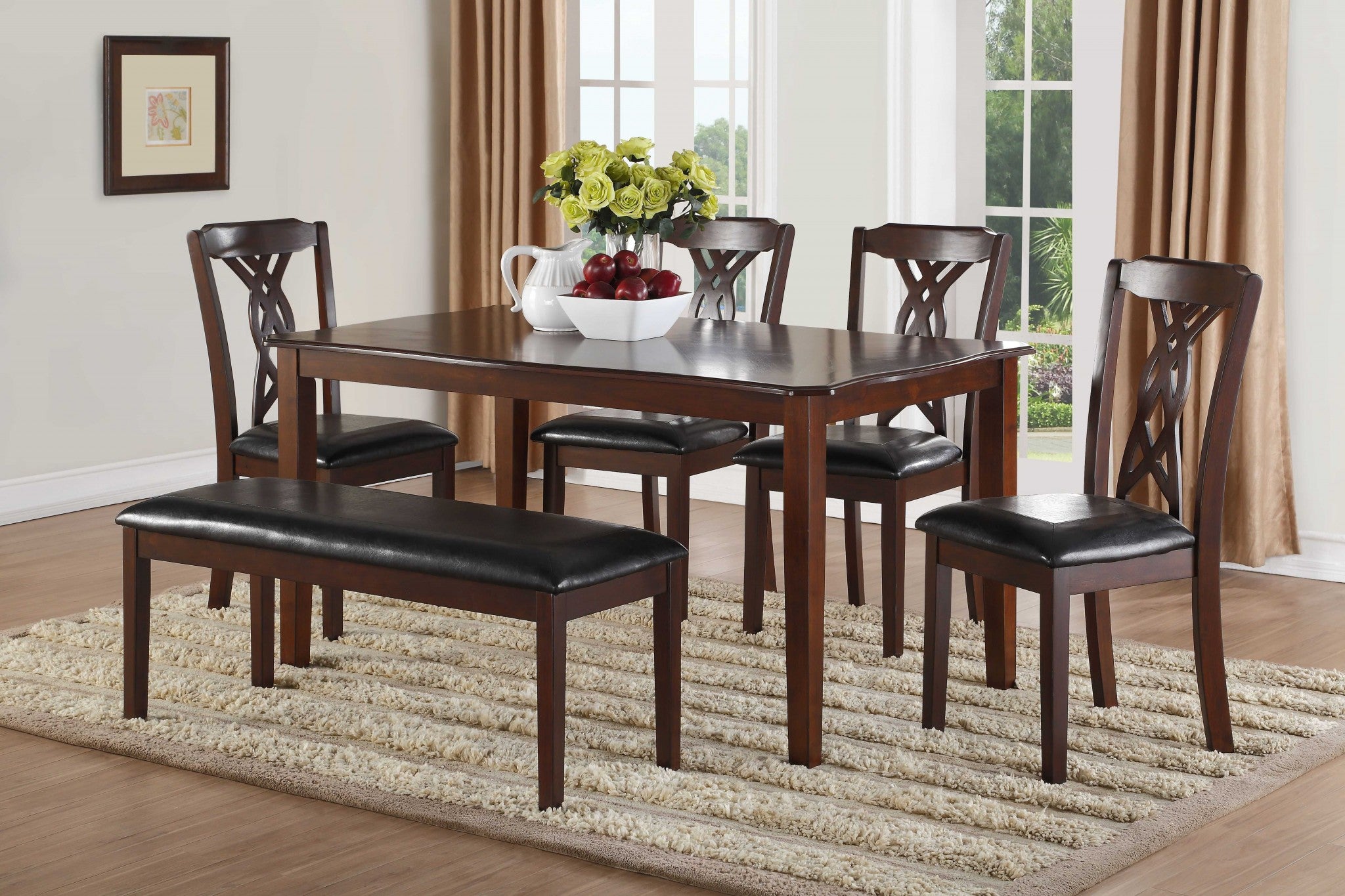 60" X 36" X 30" 6Pc Black Leatherette And Espresso Dining Set