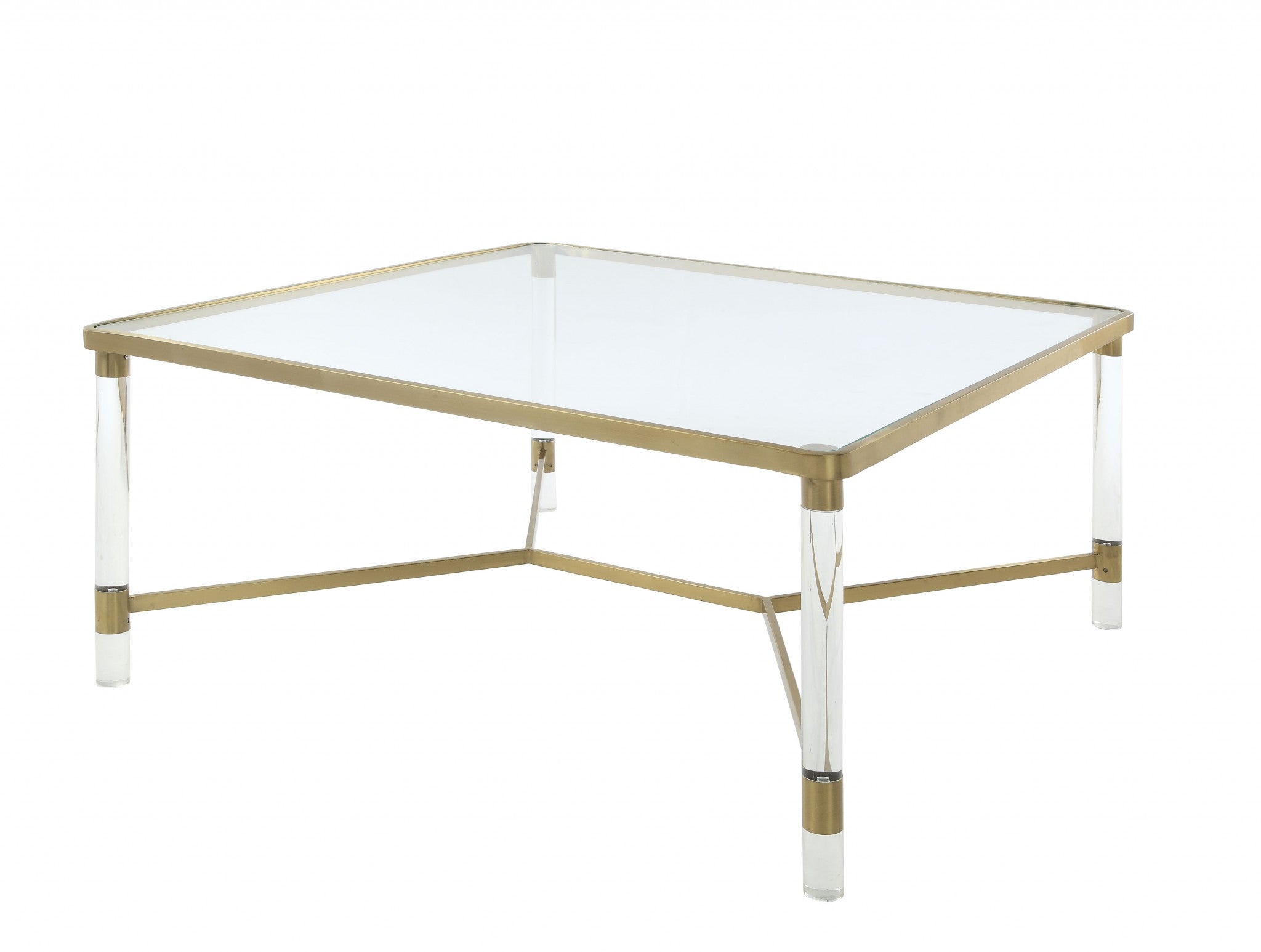 39" X 39" X 17" Clear Acrylic, Gold Stainless Steel And Clear Glass Coffee Table