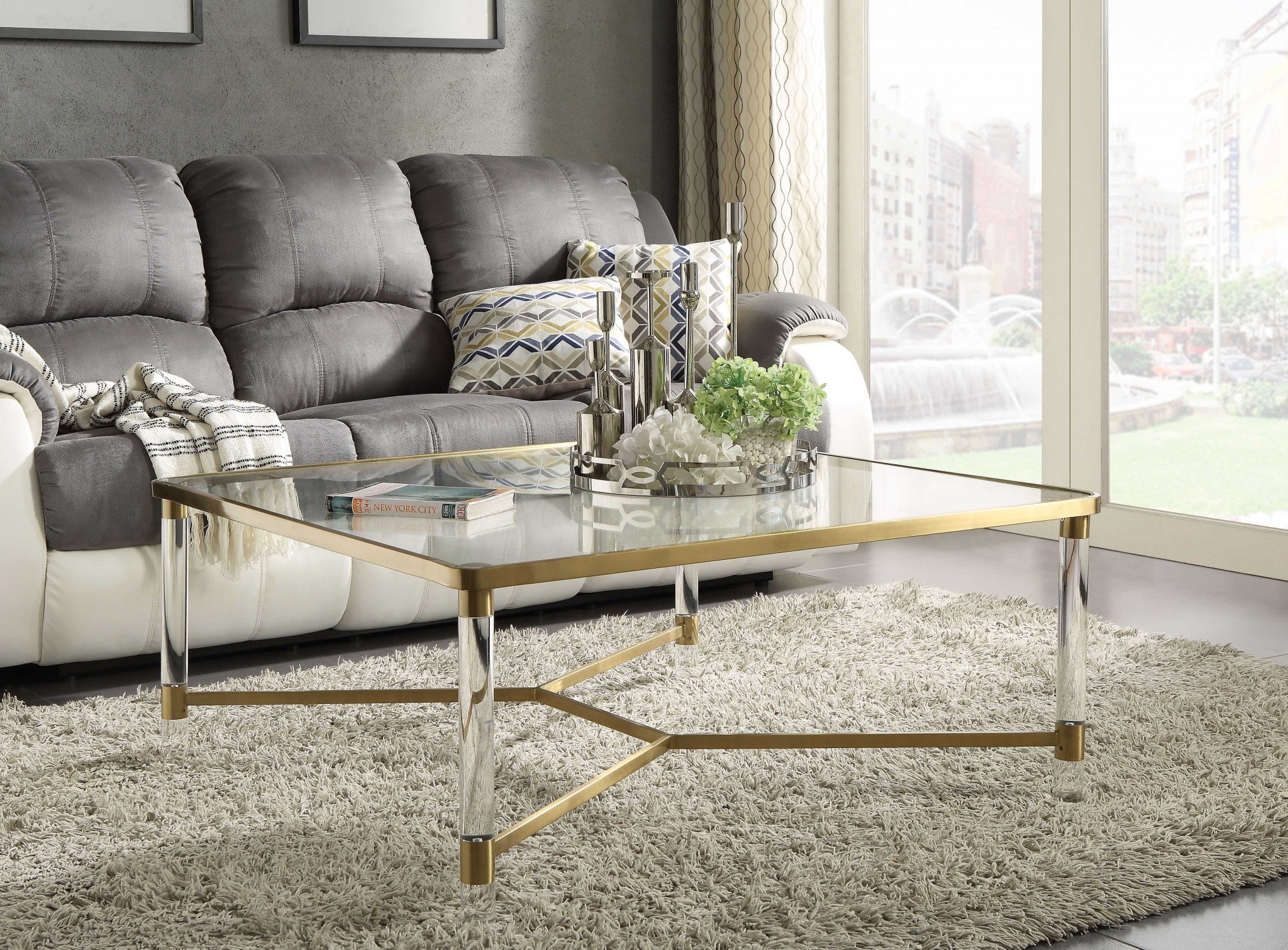 39" X 39" X 17" Clear Acrylic, Gold Stainless Steel And Clear Glass Coffee Table