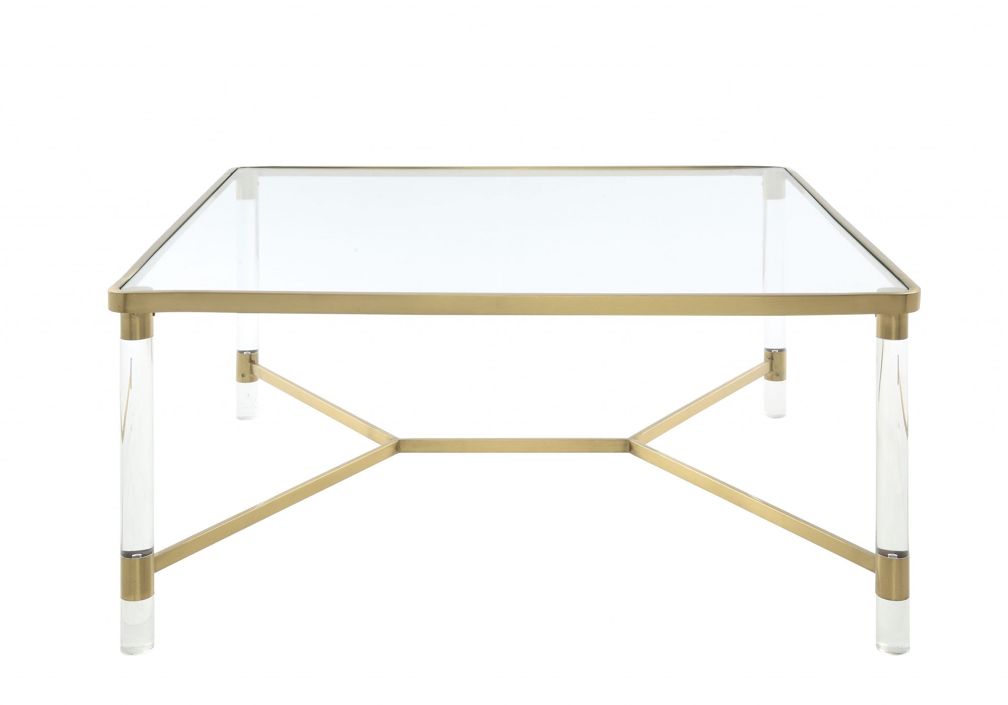 39" X 39" X 17" Clear Acrylic, Gold Stainless Steel And Clear Glass Coffee Table