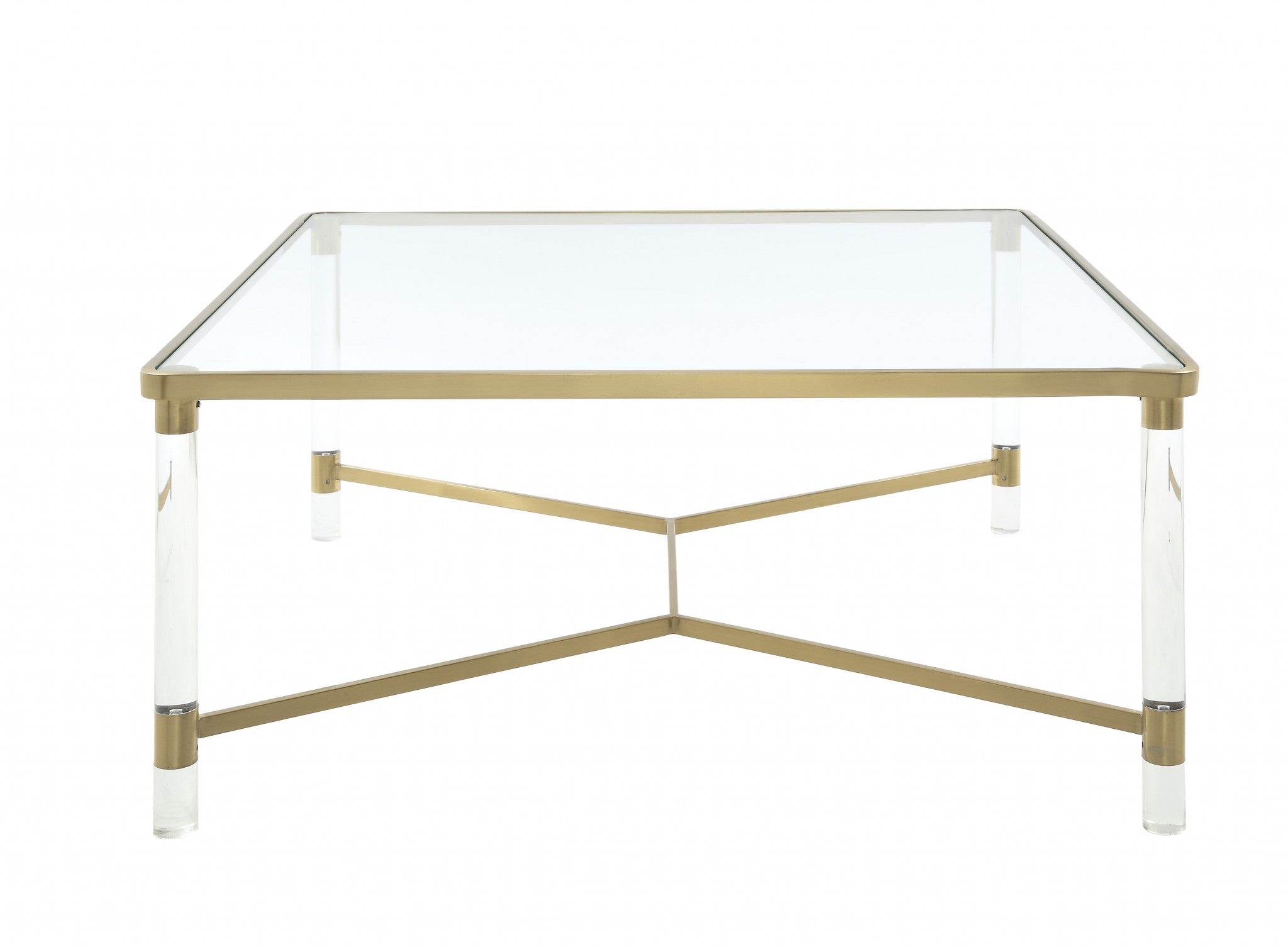 39" X 39" X 17" Clear Acrylic, Gold Stainless Steel And Clear Glass Coffee Table