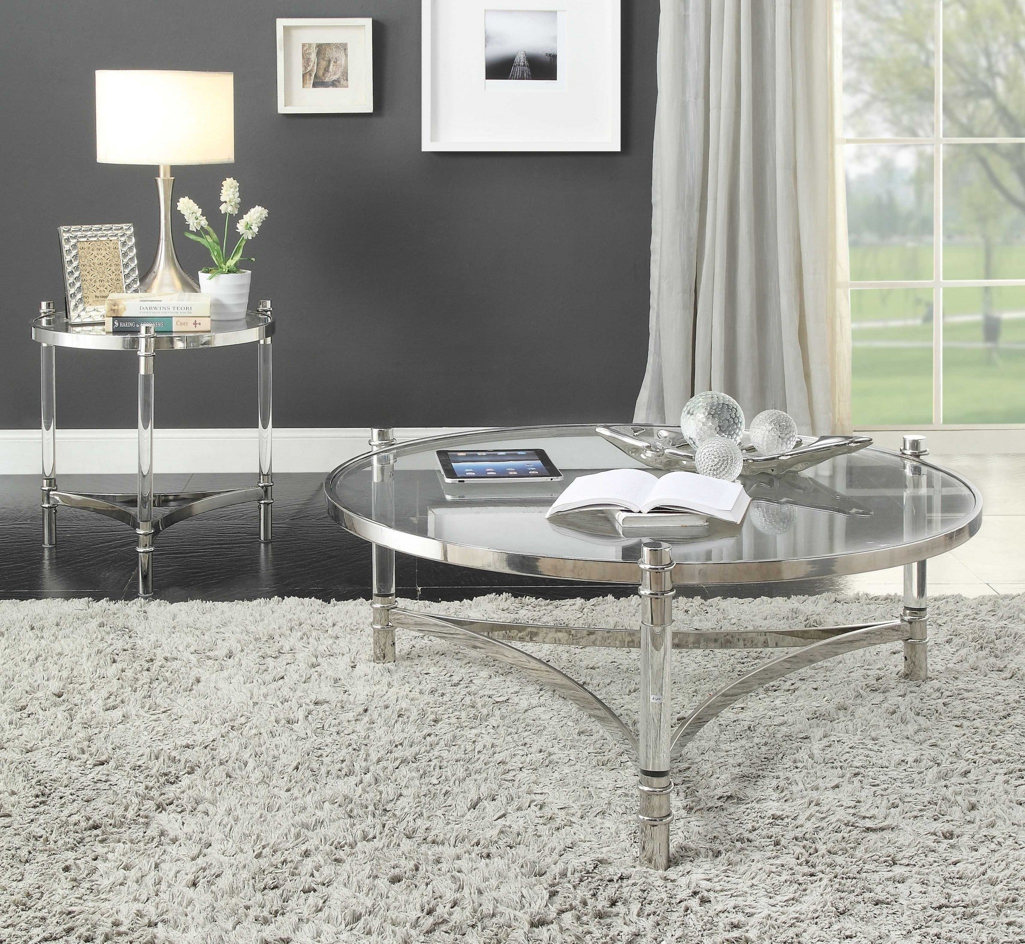 41" X 41" X 17" Clear Acrylic, Stainless Steel And Clear Glass Coffee Table
