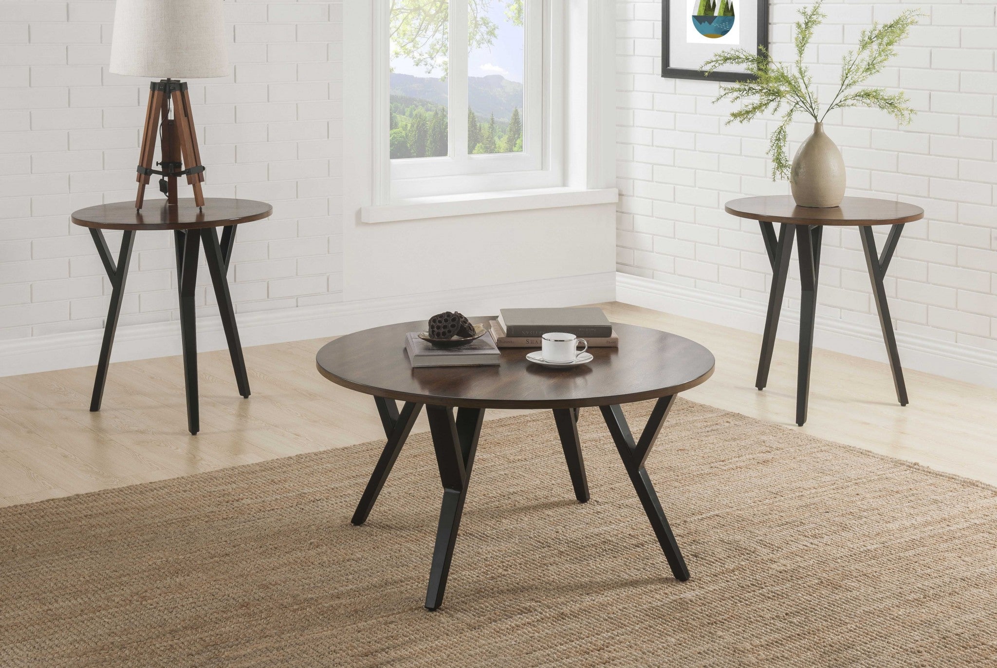 36" X 36" X 18" 3pc Oak And Black Coffee And End Table Set