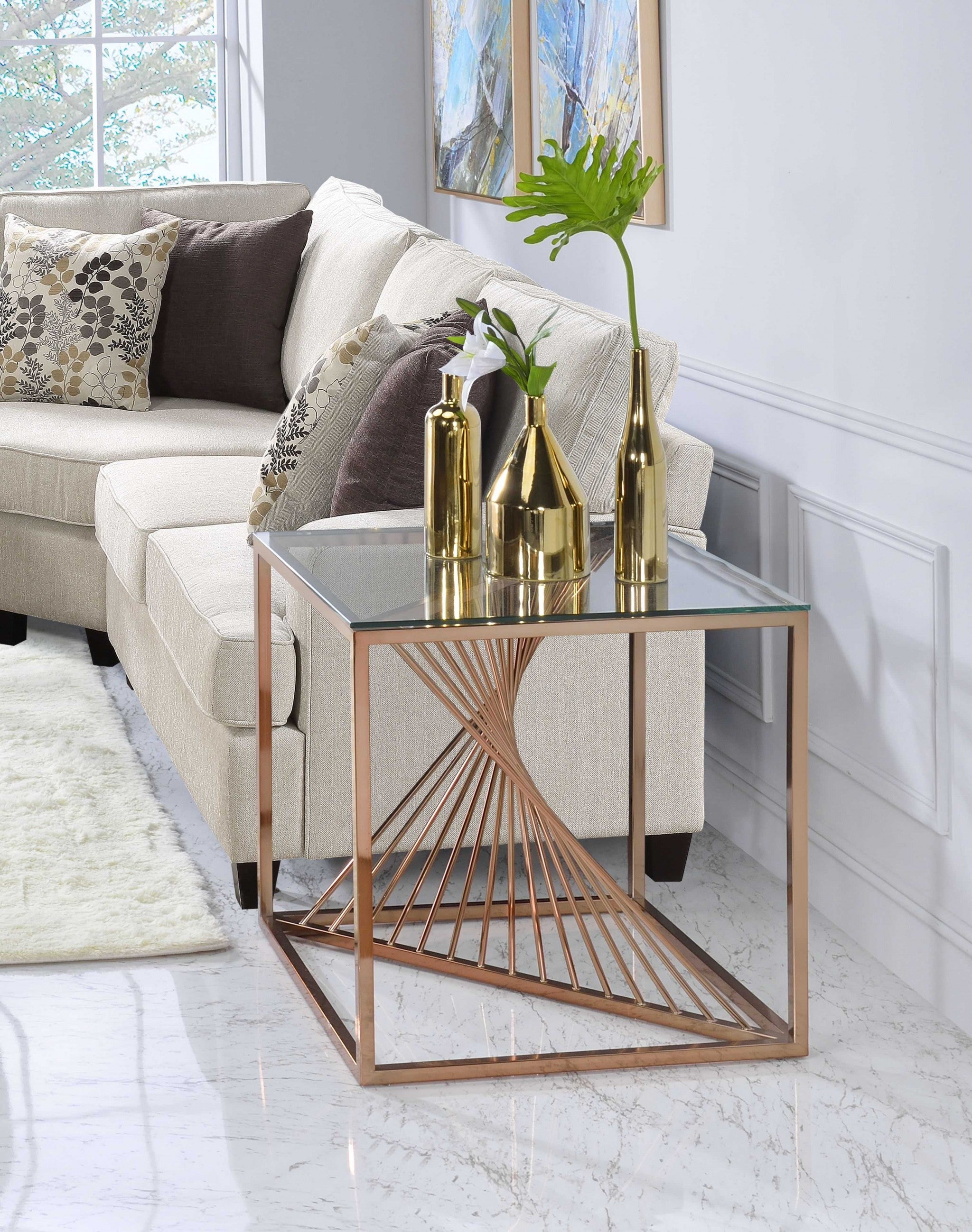 24" X 24" X 24" Brushed Copper And Clear Glass End Table